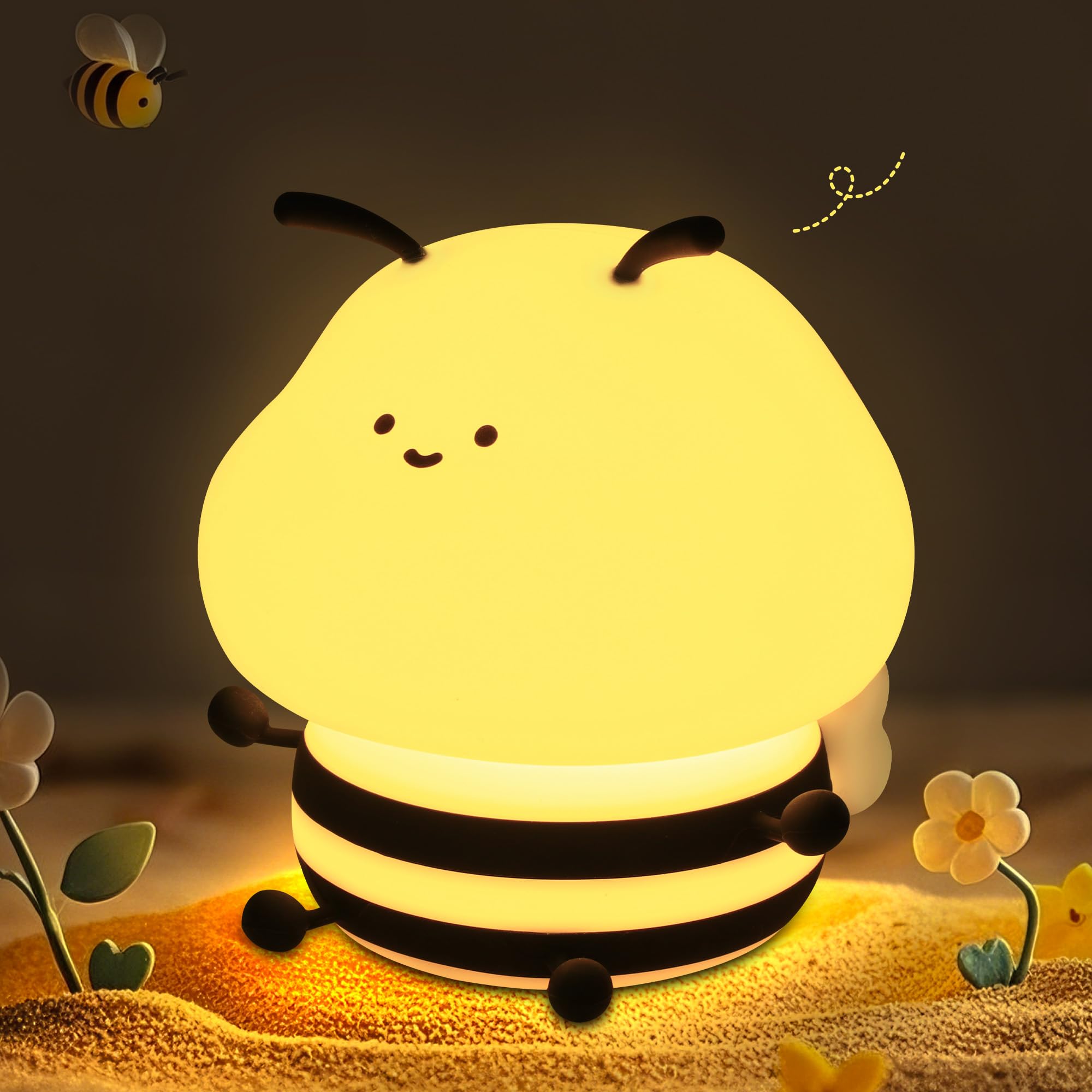 Attivolife Bee Night Light, Cute Bee Gifts for Kids, Animal Silicone Nursery Lamp with 8 Color Lights & Dimming & Timer, USB Rechargeable Protable Bedroom Decor Birthday Xmas Present for Girl Boy Teen