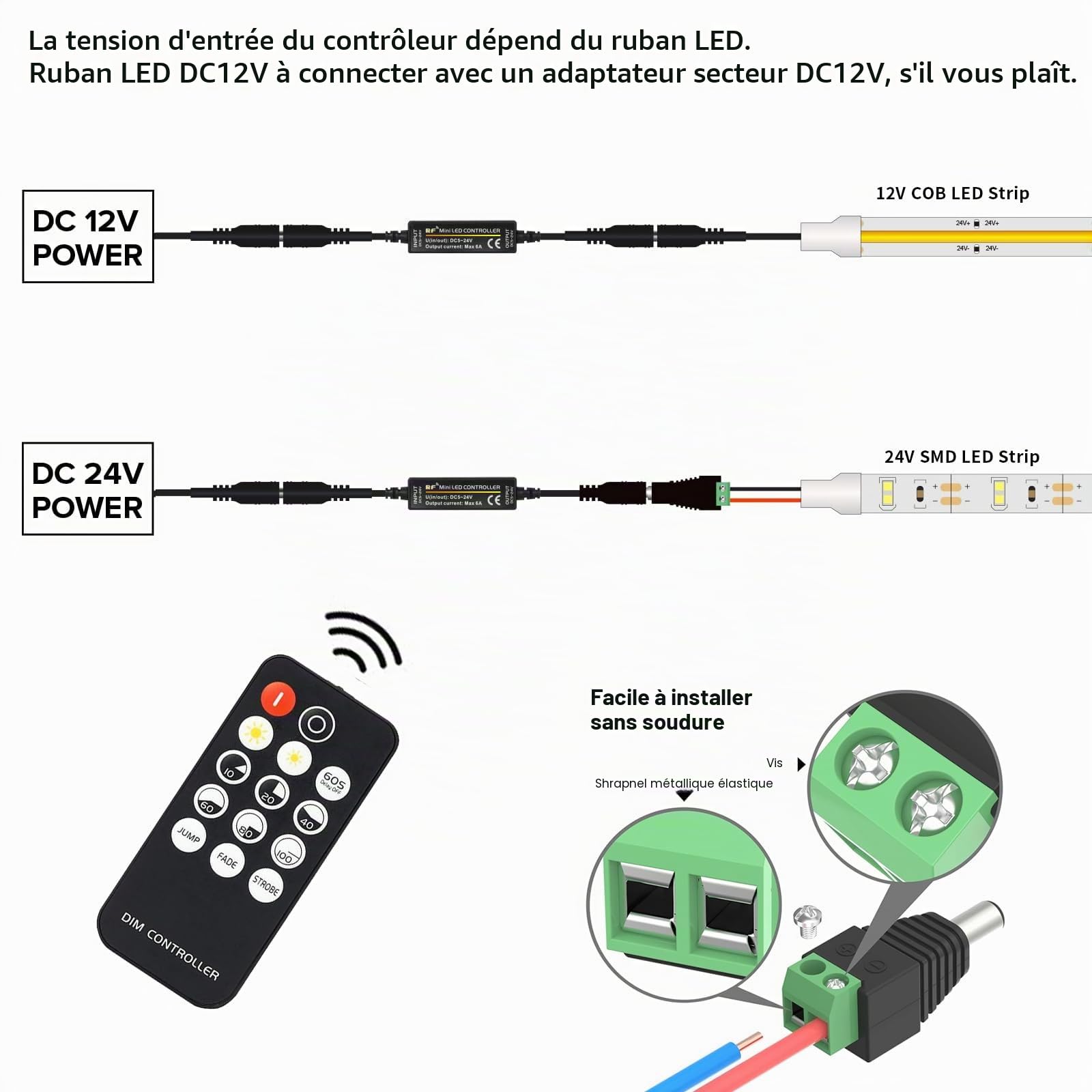 Mini RF Contrôleur de Gradateur LED Variateur Tension d'entrée 5V-24V Télécommande 14 Touches Convient aux Bandes de LED COB SMD 5V/12V/24V