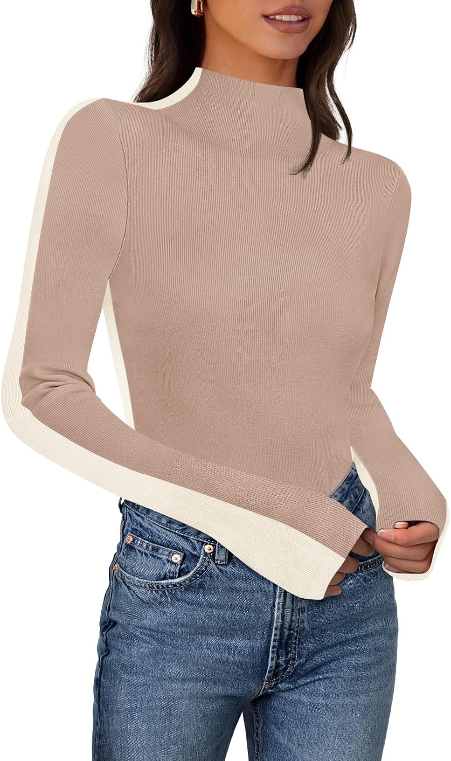 MEROKEETY Women's 2025 Fall Mock Neck Lightweight Pullover Sweater Fitted Ribbed Long Sleeve Color Block Knit Tee Shirt Tops