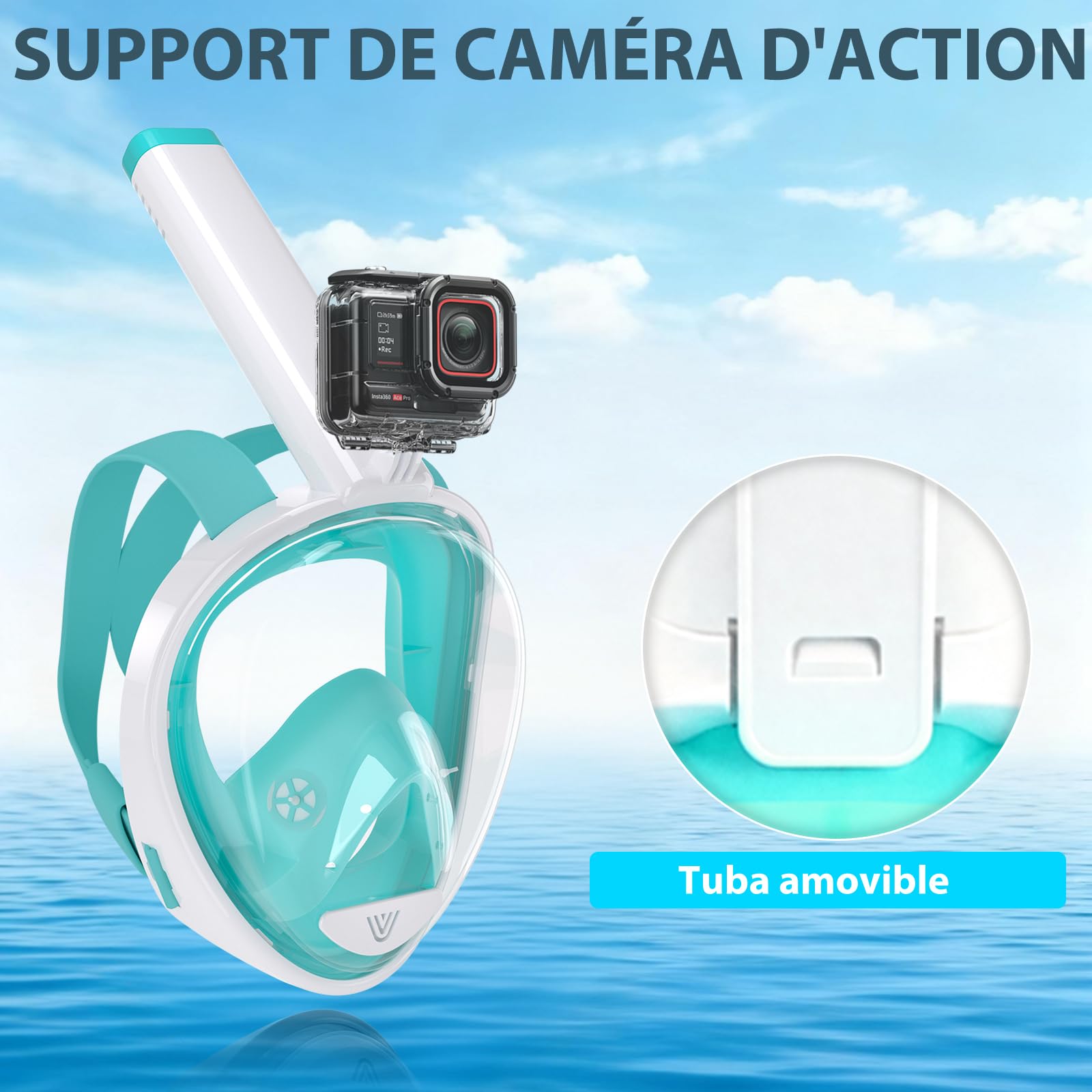 Vitare Masque de Plongée Intégral pour Adulte et Enfant, Masque Tuba avec Système Respiratoire Avancé et Technologie Antibuée, Masque Snorkeling Piscine avec Support de Caméra