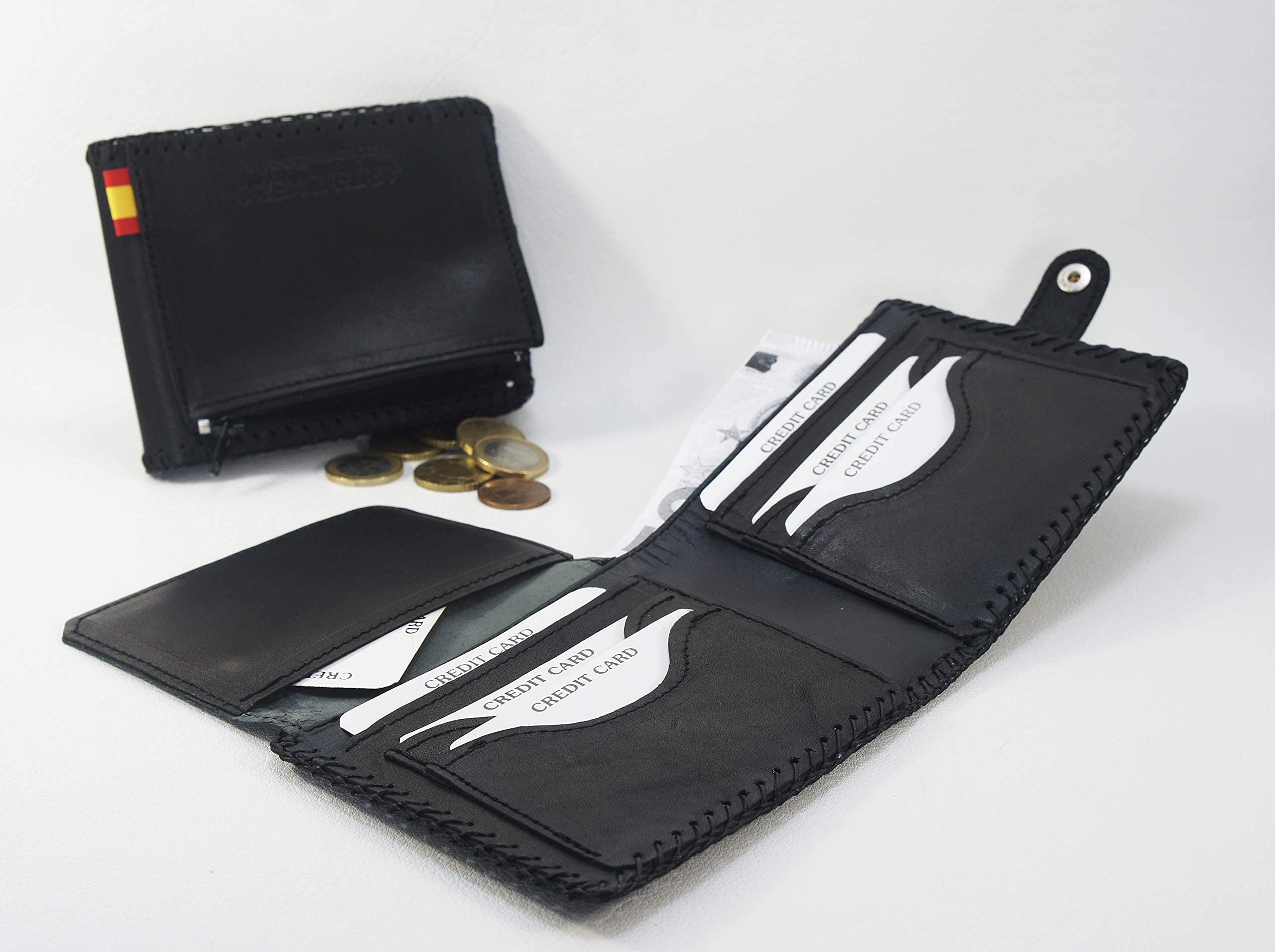 Cartera de cuero con bandera de España. Billetero piel americano con detalle bandera española