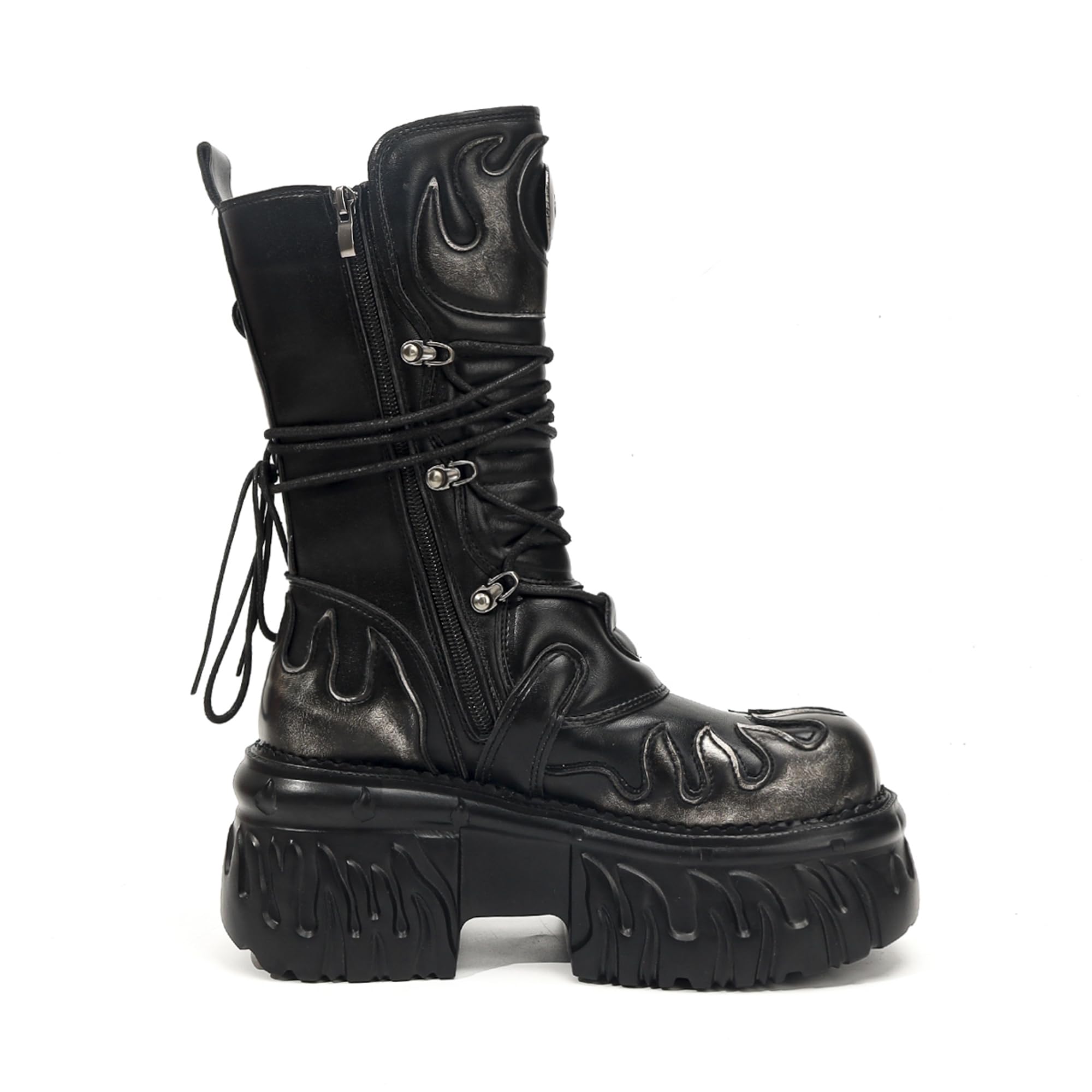 Botas Punk Góticas de Plataforma para Mujer con Diseño de Llamas, Hebillas Metálicas Cremallera Lateral – Estilo Biker Rock de Suela Gruesa