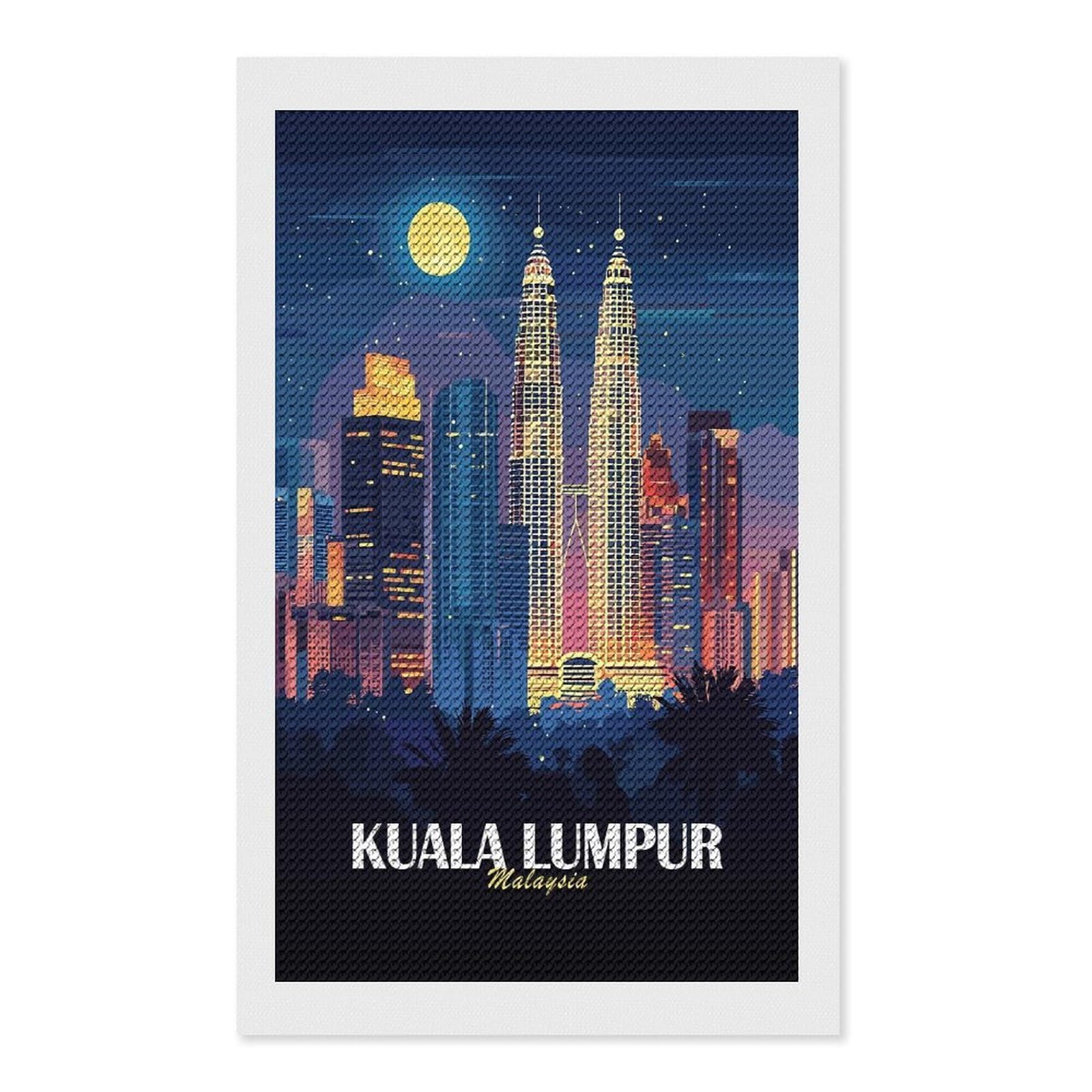 Junmoney Kuala Lumpur Cityscape at Night DIY Diamond Art Canvas Kit 12"x20", for Teens, Finish and Display, Holiday Gift Idea, Vintage Style Decor
