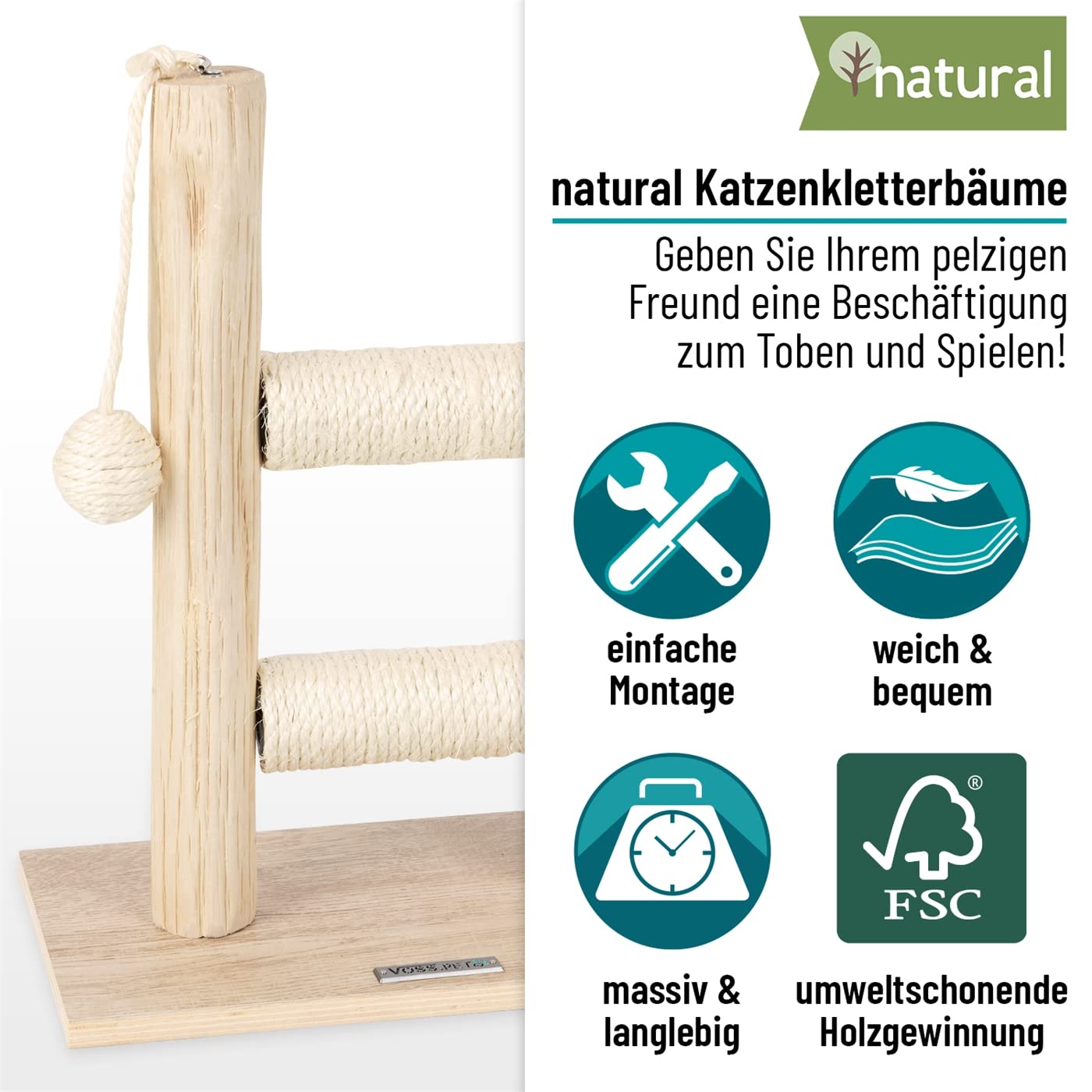 VOSS.PET Tiragraffi per Gatti Morea -scaletta tiragraffi per Gatti, con Tronchi in Vero Legno, 43 cm