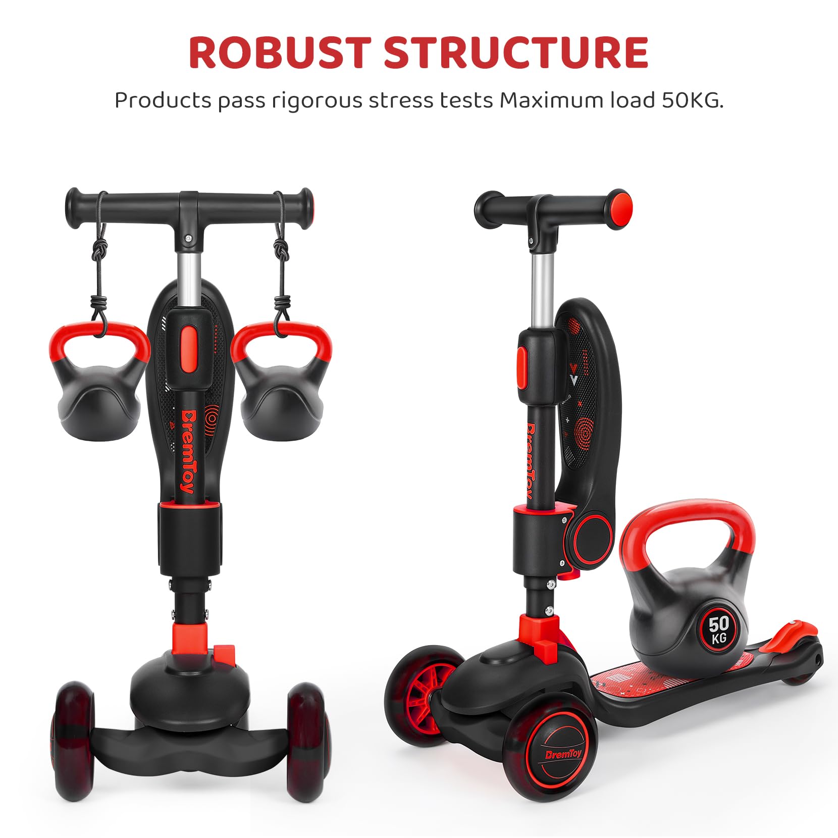 BremToy Patinete para Niños 2 Años con Asiento, Scooter 3 Ruedas LED Parpadeantes, Patinete Niños Plegable con Altura Ajustable de 2 a 8 años, Carga Máxima de 50 kg