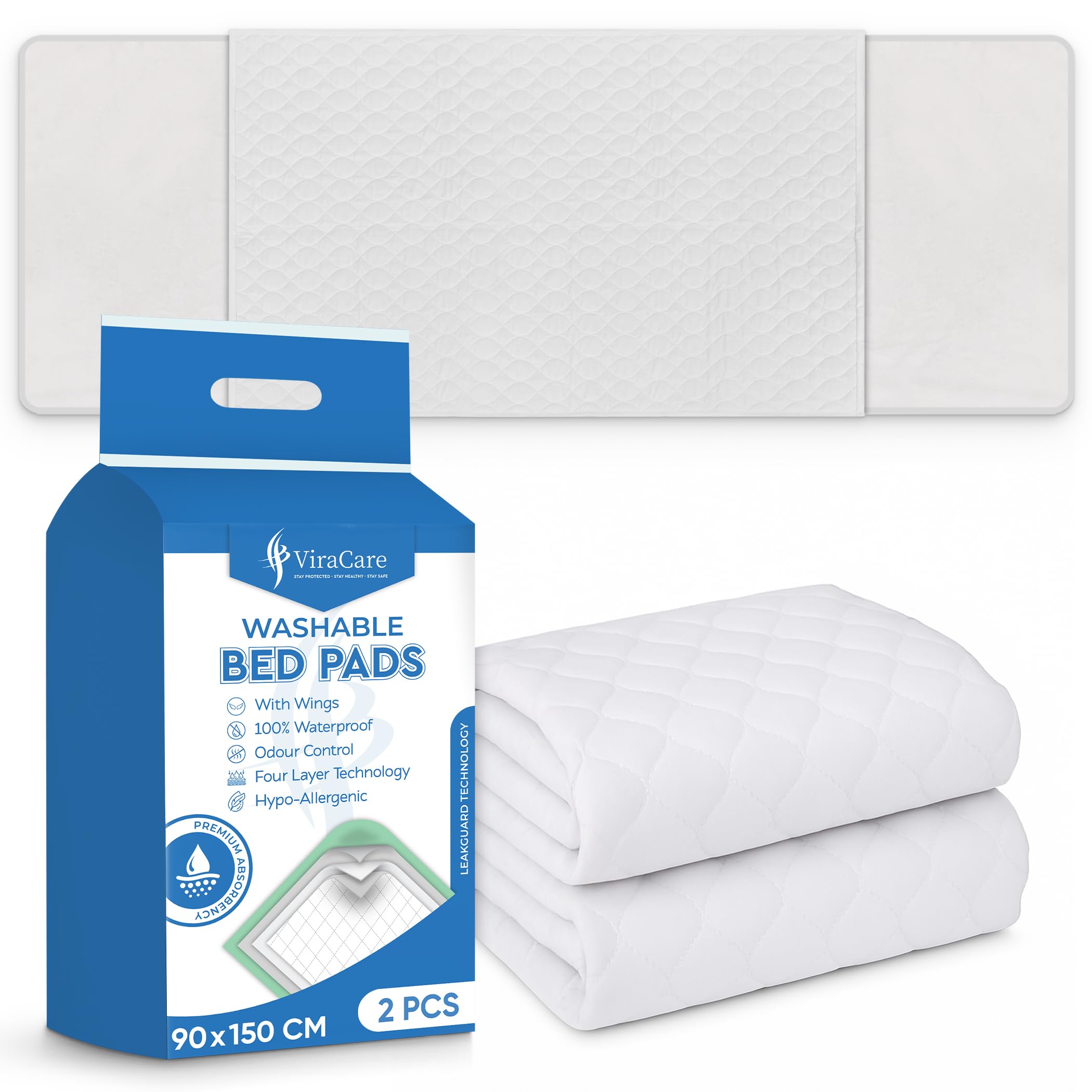 Viracare White 2 X Washable Incontinence Bed Pads With Tucks/Flaps | 90 X 150 Cm | Incontinence Bed Sheets | Suitable For King Bed | Reusable & | Absorbent Pads | (1 Pack Of 2)