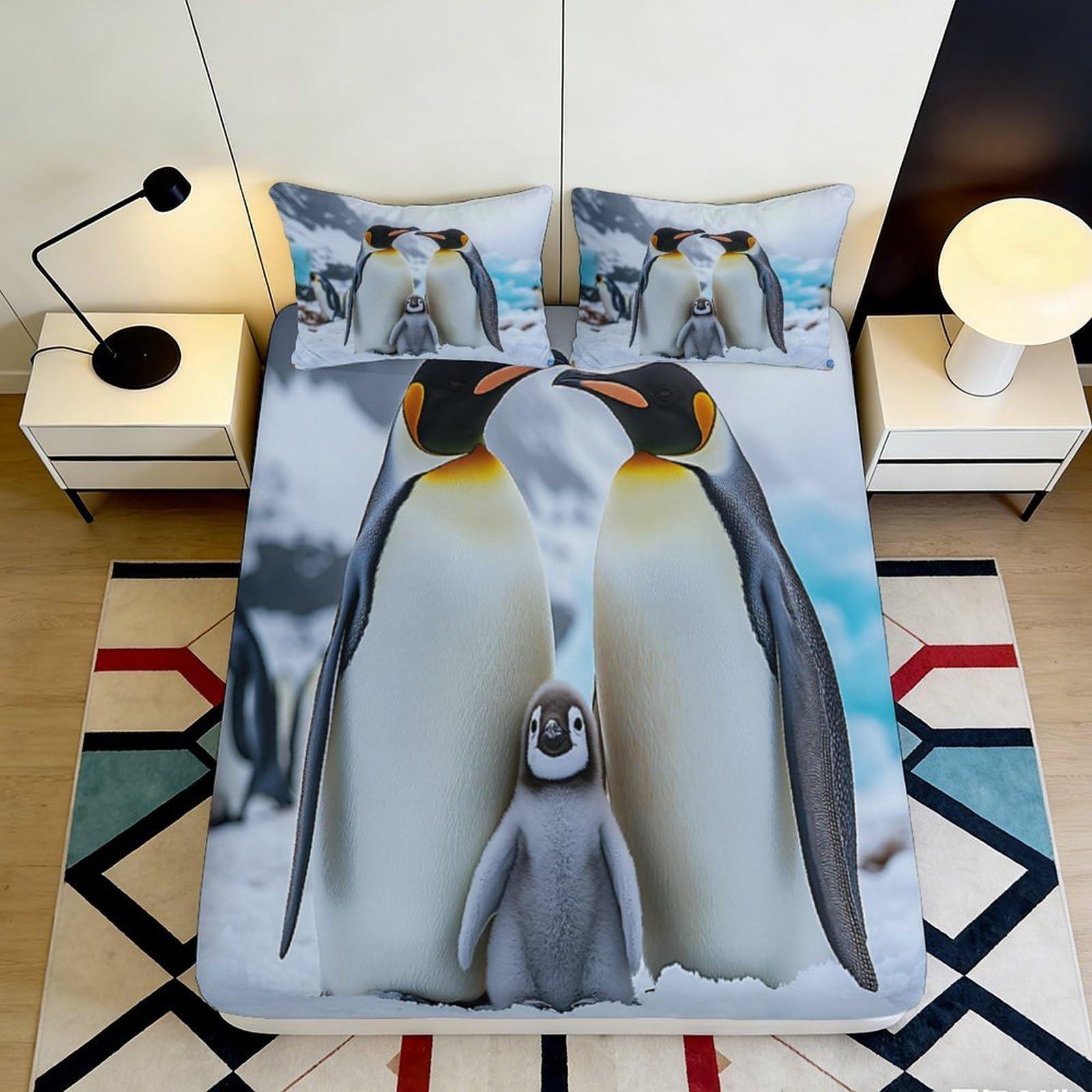 3D Printed Emperor Penguin Family Fitted Sheet Microfiber Soft Bed Cover Animal Print Bedroom Decor Mattress Cover 90x200x25cm
