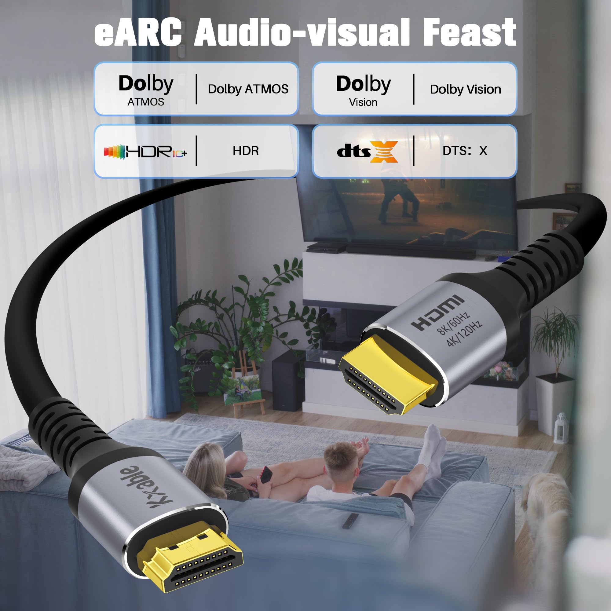 Cable HDMI largo 8K de 35 pies, HDMI 2.1 48 Gbps, adaptador de cable de ultra alta velocidad, OFC, 8K a 60Hz, 4K a 120Hz, cable para juegos eARC 3D RTX 3090, compatible con laptop/monitor/proyector
