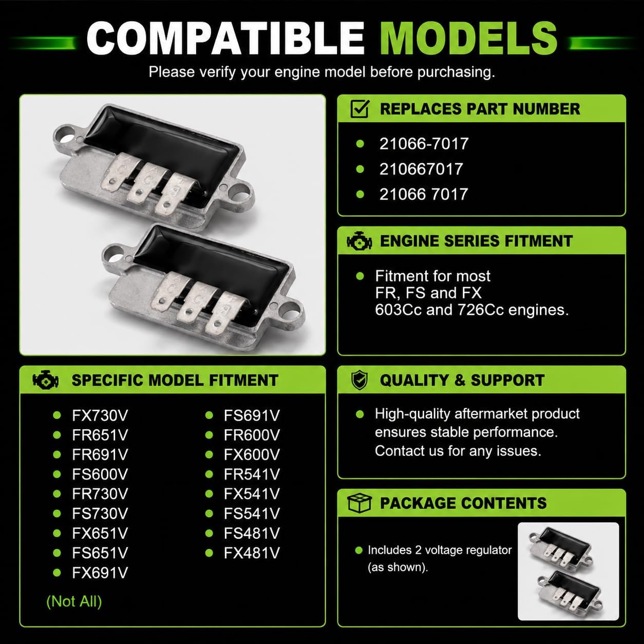 21066-7017 Voltage Regulator 15 Amp (2-Pack) Compatible with Kawasaki Engines (FX730V,FR651V/691V/730V,FS600V/730V/651V/691V/541V/481V,FX651V/691V/600V/600V/541V/541V/481V)