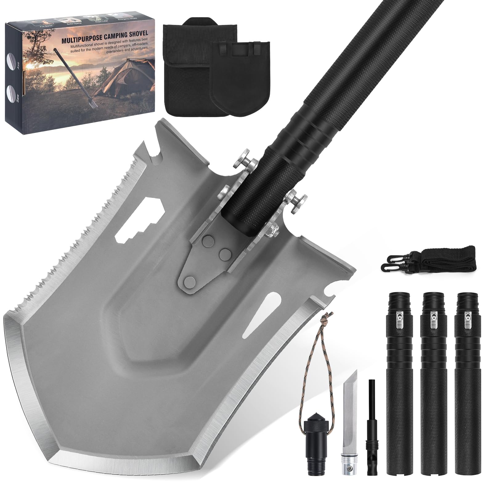 Yeacool Survival Shovel 40inch with Handle Lock & Pouch, Folding Shovel, Outdoor Entrenching Tool Tactical Collapsible Spade Military Grade for Hiking, Backpacking, Offroading, Car Emergency, Snow