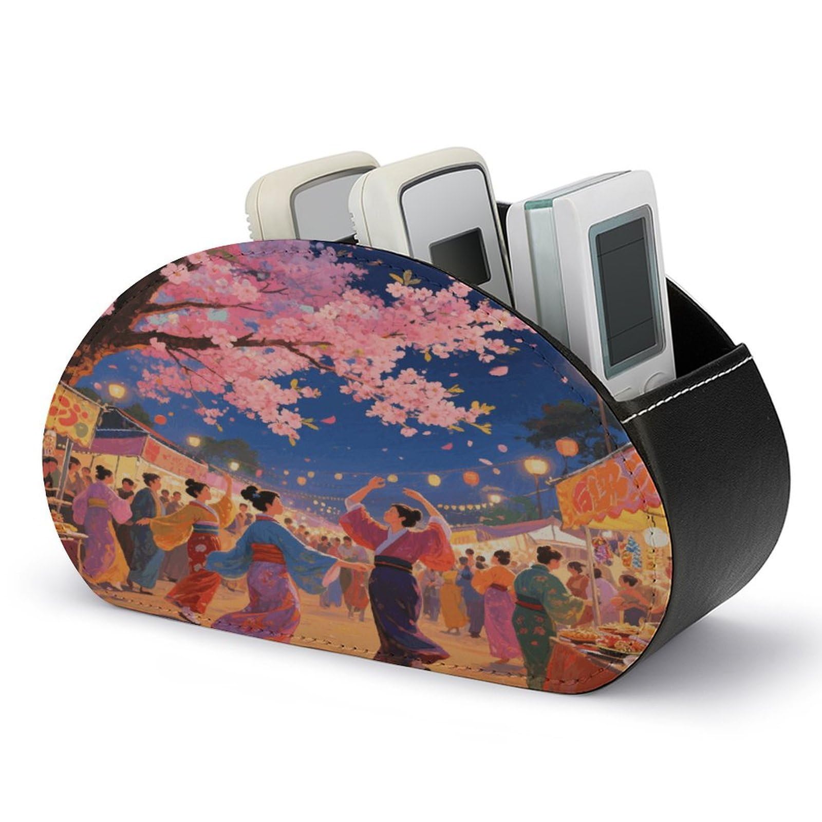 VstaDank Asian Cherry Blossom Remote Control Holder with 5 Compartments PU Leather TV Remoter Caddy Desktop Organizer TV Remote Holder Remote Box for Media Controllers Office Supplies