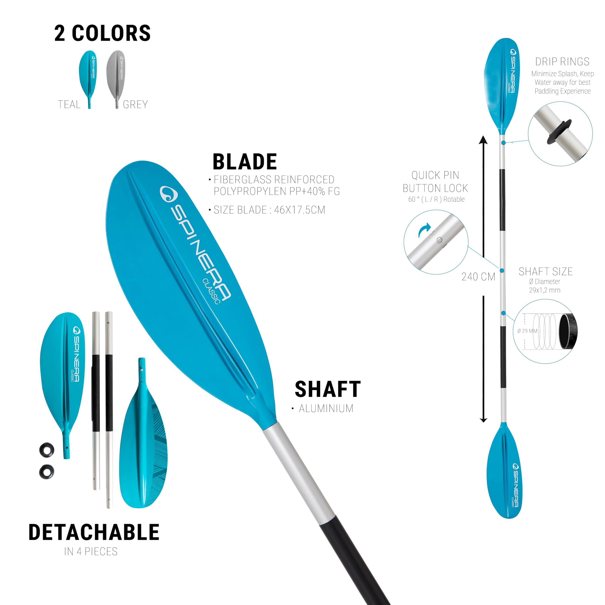 SPINERA Kajak Paddel Classic 240cm – 4-teilig, Aluminium Schaft, PP+40% FG Schlagblatt, zerlegbar & leicht – für Einsteiger & Fortgeschrittene– Farbe Grey – Robustes Allround Paddle