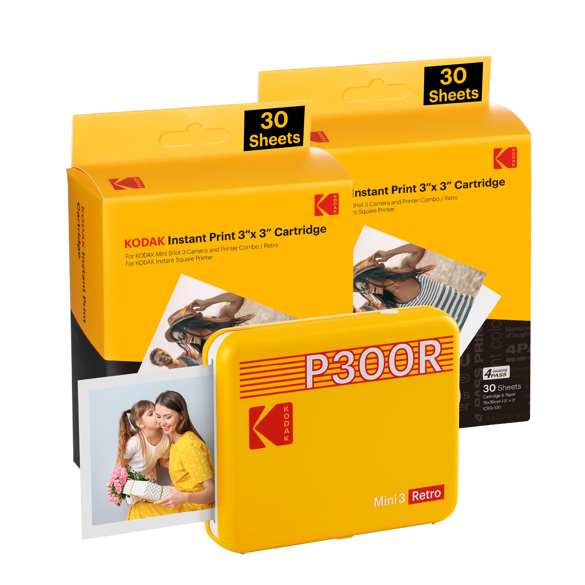 KODAK Mini 3 Retro 4PASS Portable Photo Printer (3x3 inches) Initial 8 Sheets + 60 Sheets Bundle, Yellow