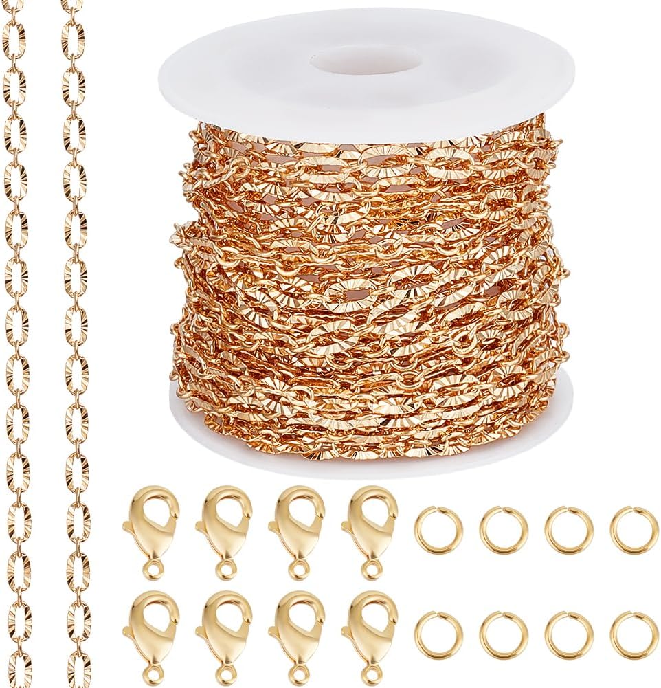 Beebeecraft 5M/16.4 Feet Oval Paperclip Chain 18K Gold Plated Brass Necklace Chains with Lobster Clasps Jump Rings for DIY Jewelry Making