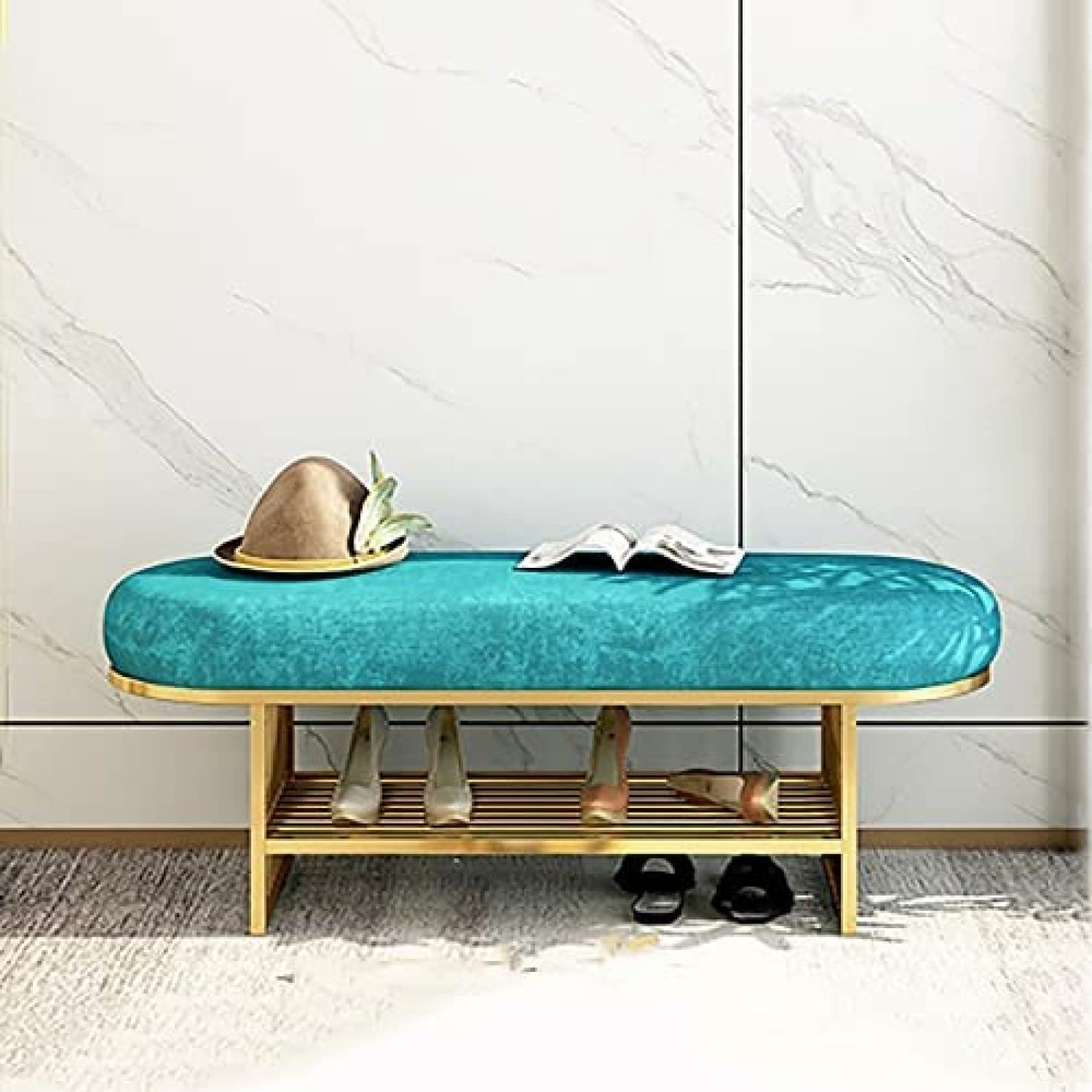 Banc à chaussures velours rembourré de luxe vert avec rangement doré