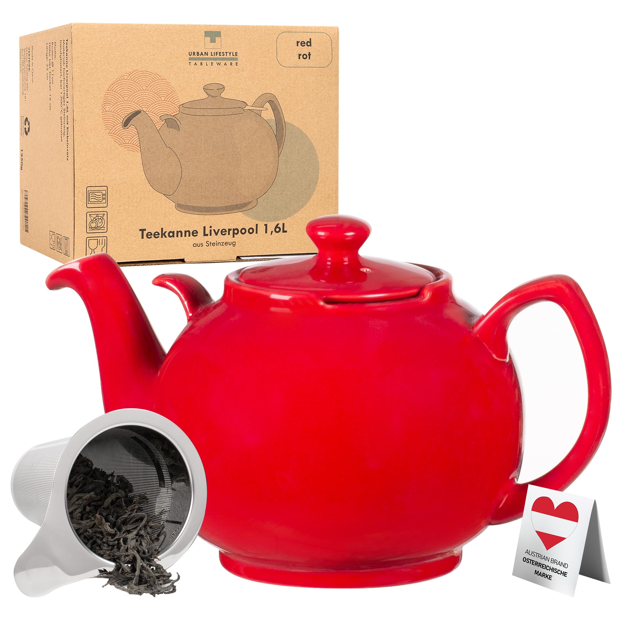 Urban Lifestyle Teekanne mit Stövchen 1,6 L Rot B Ware aus Steinzeug mit Edelstahl Sieb tropffrei Teekanne Keramik mit Siebeinsatz Teeset für losen Tee 6 bis 8 Tassen