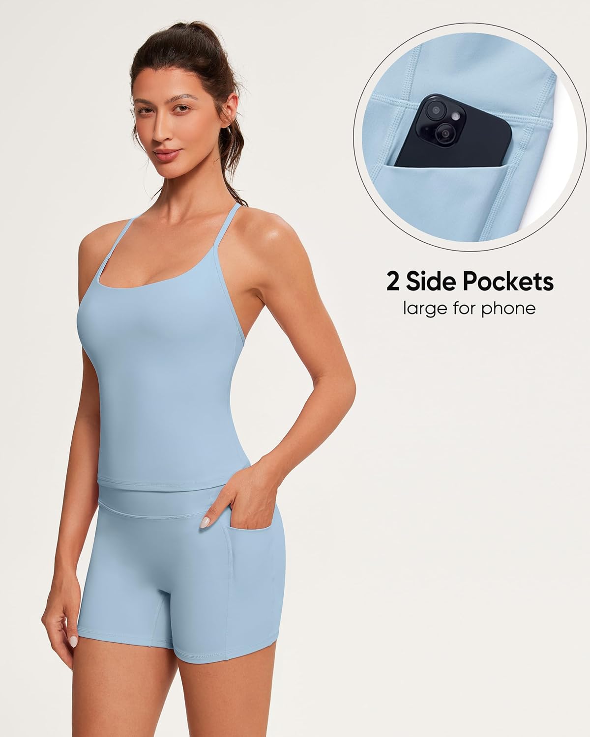 OMKAGI 2 Piece Workout Sets for Women Cute Y Back Tank Tops Booty Shorts Outfits with Pockets - Image 3