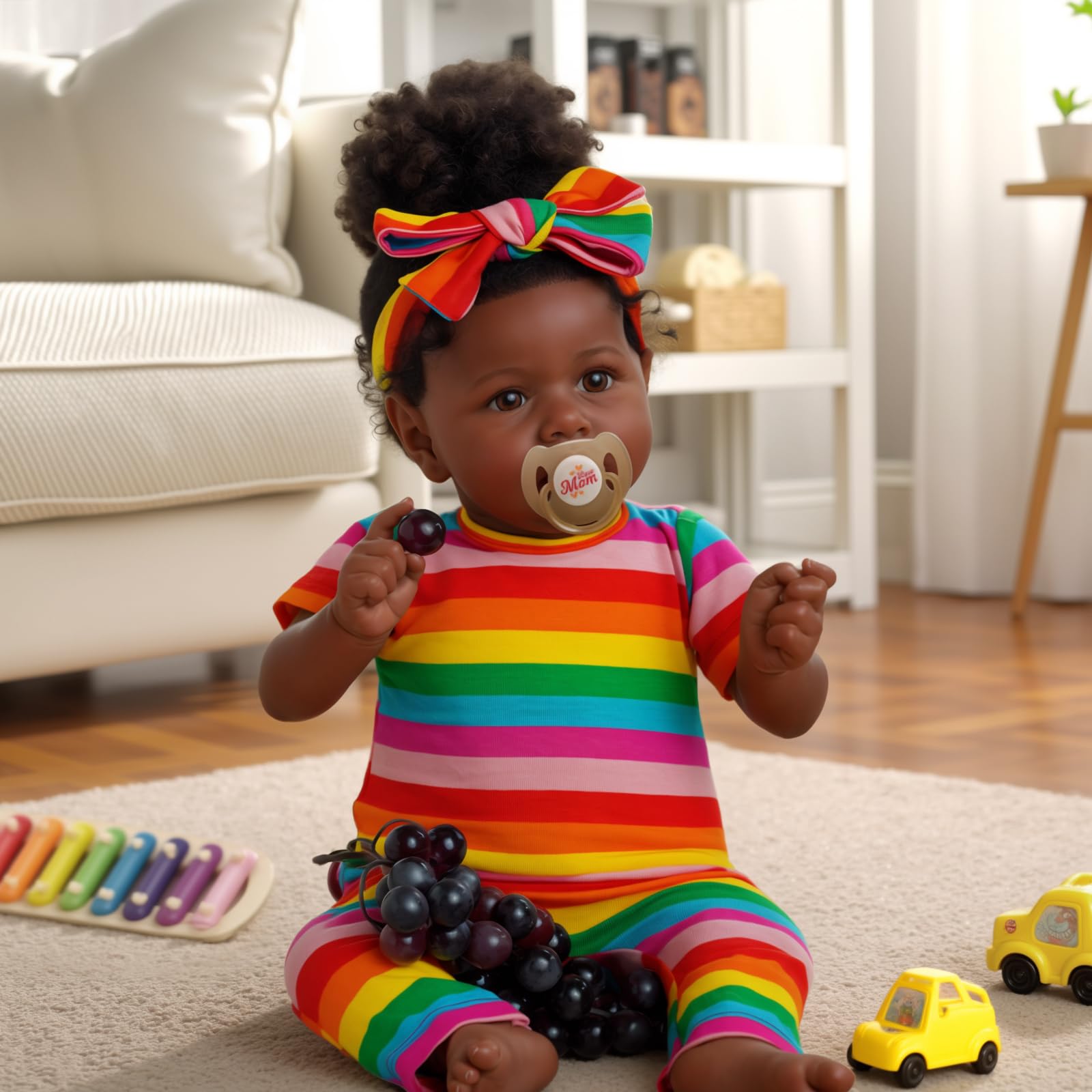 ADFO Reborn Black Baby Dolls -22 Inches Soft Body Realistic Girl, Caramel Skin Tone Real Life Baby Dolls with Feeding Kit & Toy Accessories Gift for Kids Age 3 (Greta)