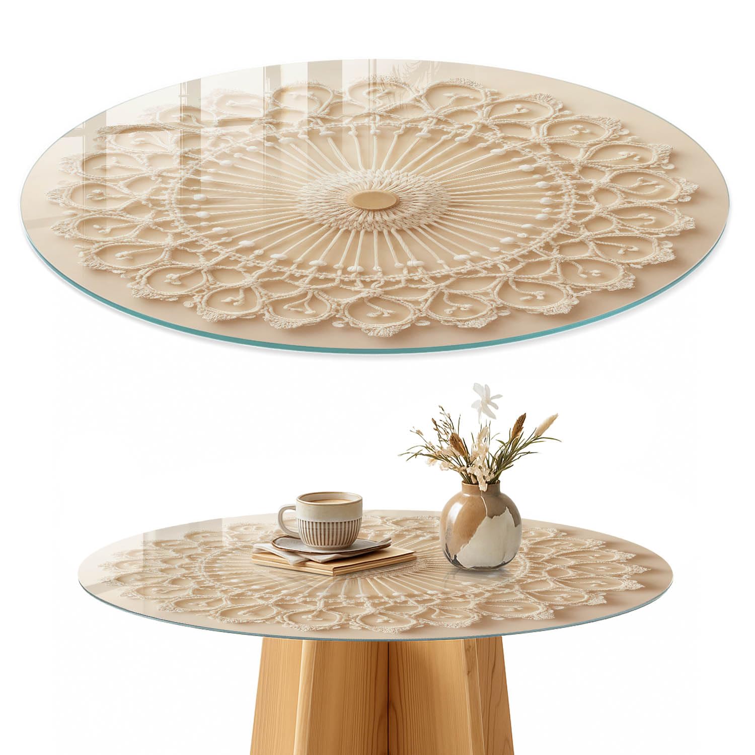 Placa de Cristal 100 cm | Redondo | Espesor 4 mm | Bordes Pulidos | Decoración de macramé | Vetro Temperato | con Impresión Decorativa | para la Cocina y Salón | Pies Antideslizantes