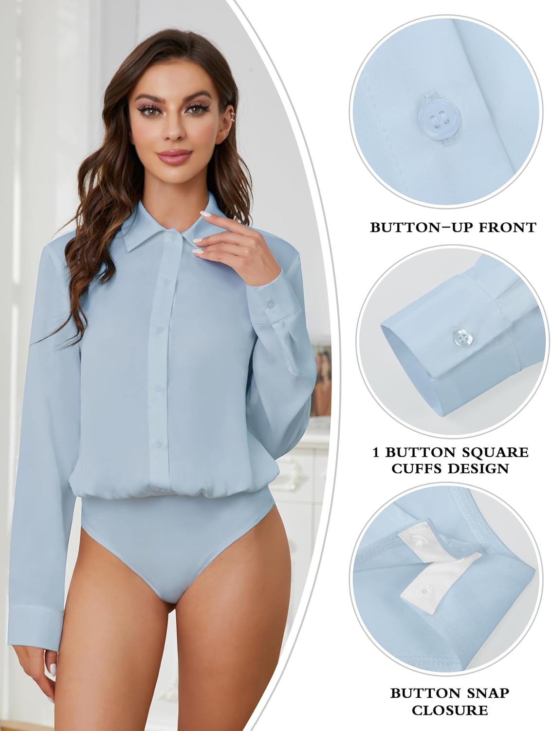 TQD Women Button Down Bodysuit Long Sleeve Collared Shirt Satin Blouse Bodysuits Tops Business Casual Office Professional - Image 3
