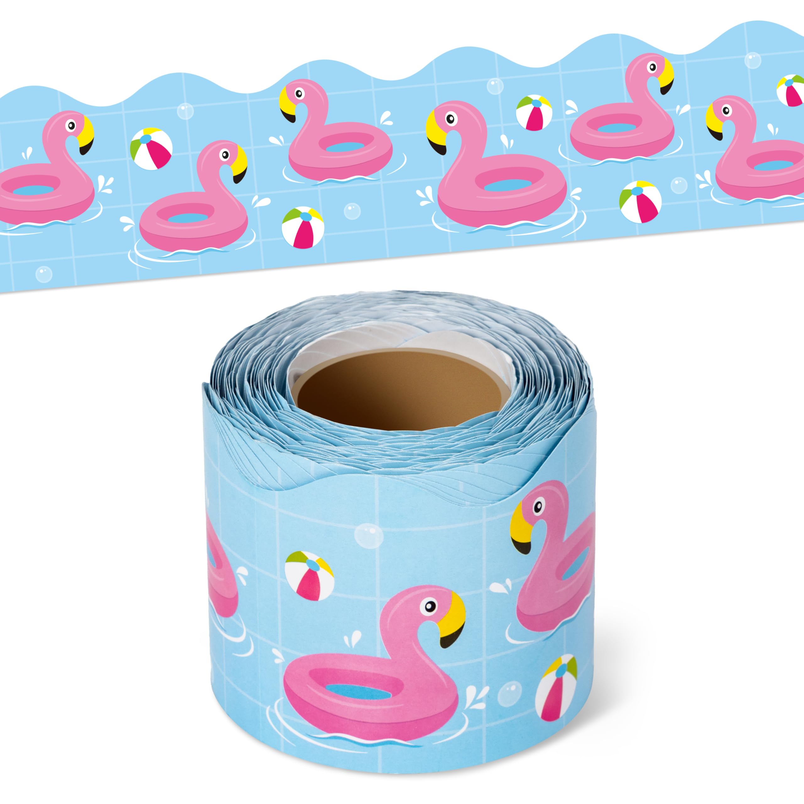 BeYumi Summer Flamingo Border Trim - 65ft Back to School Pool Rolled Border | Tropical Flamingo Beach Swimming Pool Bulletin Board Set School Classroom Office Chalkboard Home Party Holiday Decoration