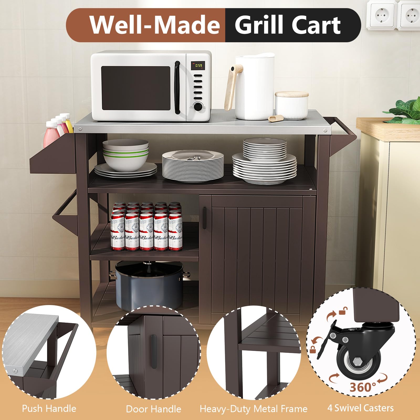 KOMFOTTEU Carro de Barbacoa con 3 Estantes y 4 Ruedas, Carrito Auxiliar con Encimera de Acero Inoxidable, Carro para Parrilla con Especiero y Toallero, Carrito de Servicio para Camping, Picnic