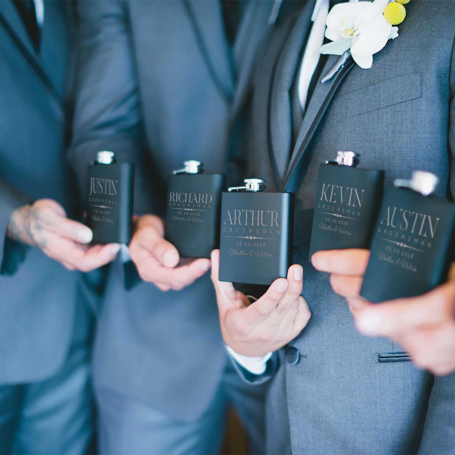 Personalized Flask For Wedding Groomsmen Gift, Customized Flask Set FREE Personalization - Laser Engraved - Design -5 (Black, 6)