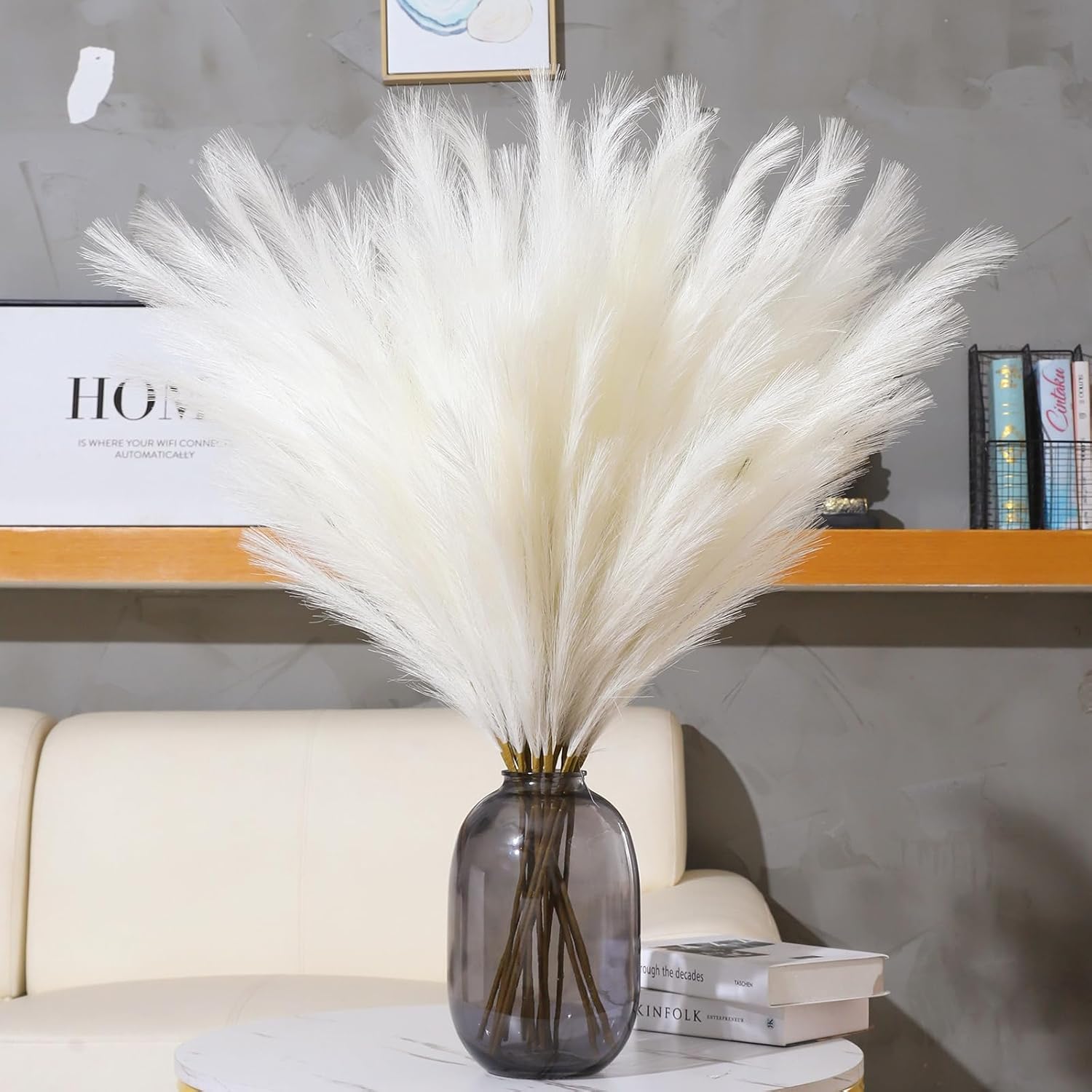 TIED RIBBONS Silk 4 Pcs Decorative Fluffy Pampas Grass Artificial Flowers for Vase(Off White,45.7 Cm) Decoration Items for Home Decor Farmhouse Bedroom Living Room Table Corner Wedding Birthday Party