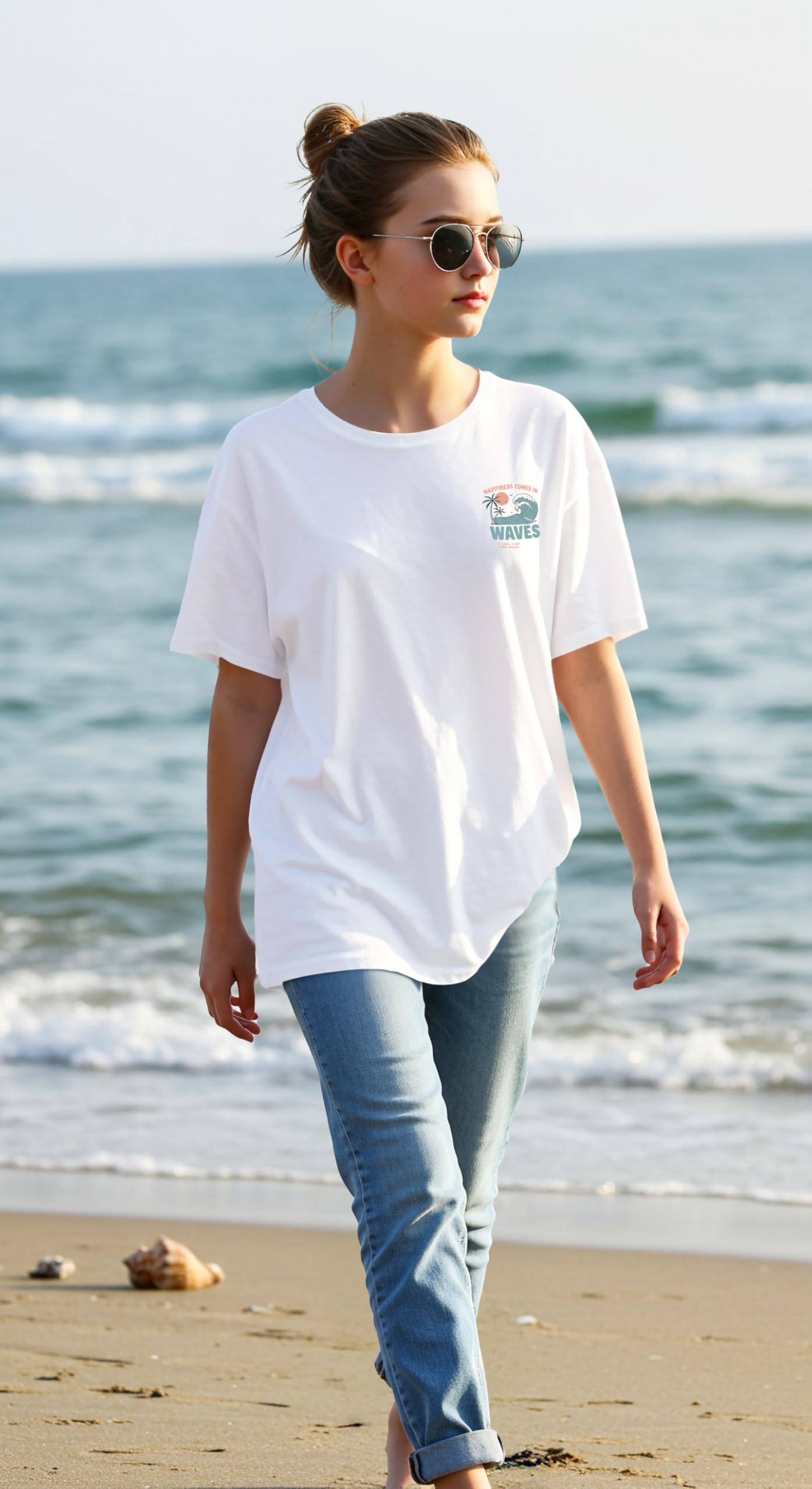 Dagcros Elegante maglietta oversize con scritta "Happiness Comes in Waves" Beach Vibes per ragazze | T-shirt grafica estiva oversize