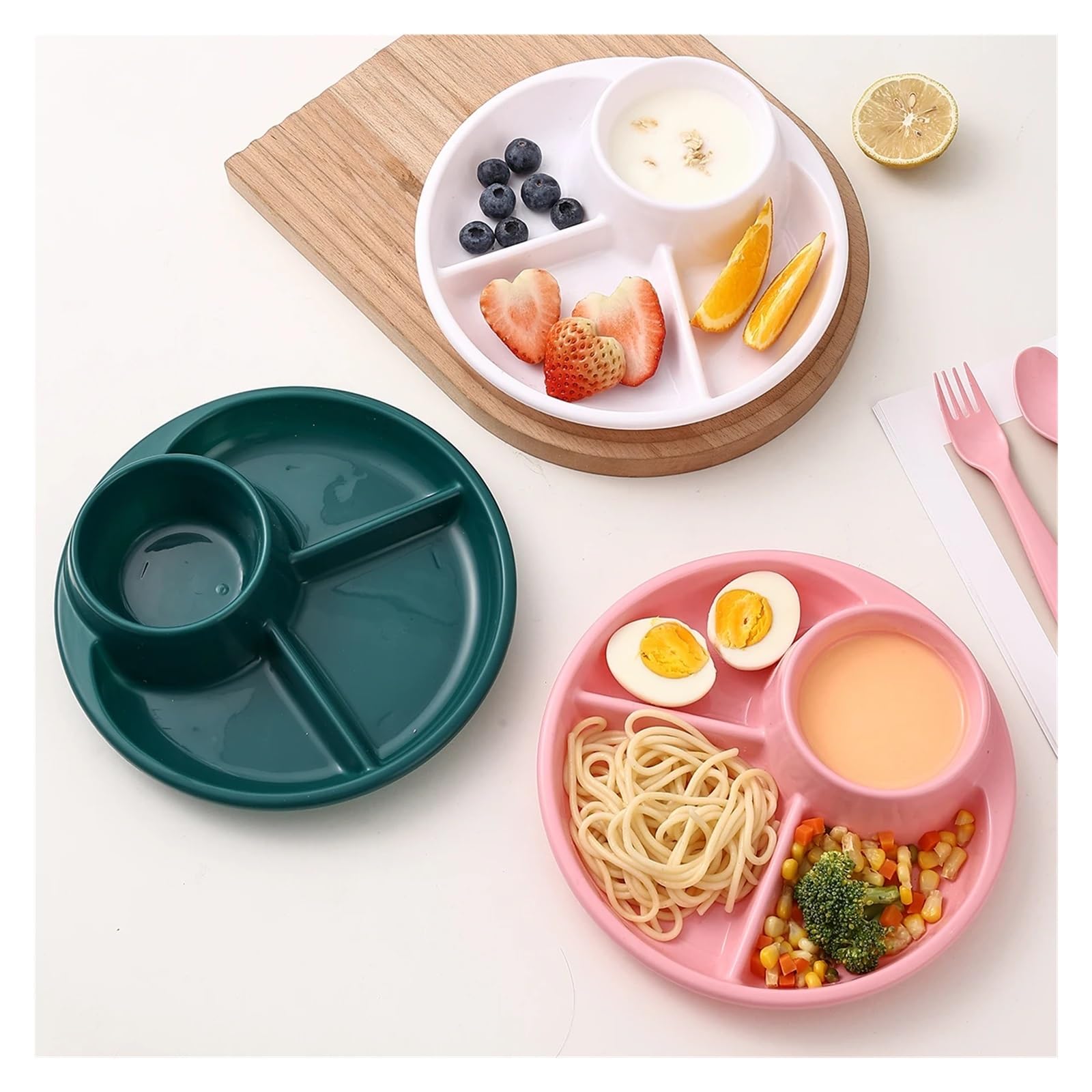Obstsalatteller, mikrowellengeeignet, Wiederverwendbare, unterteilte Speiseteller, Dessertteller, Kuchenteller, Küchengeschirr(Pink,3pcs)