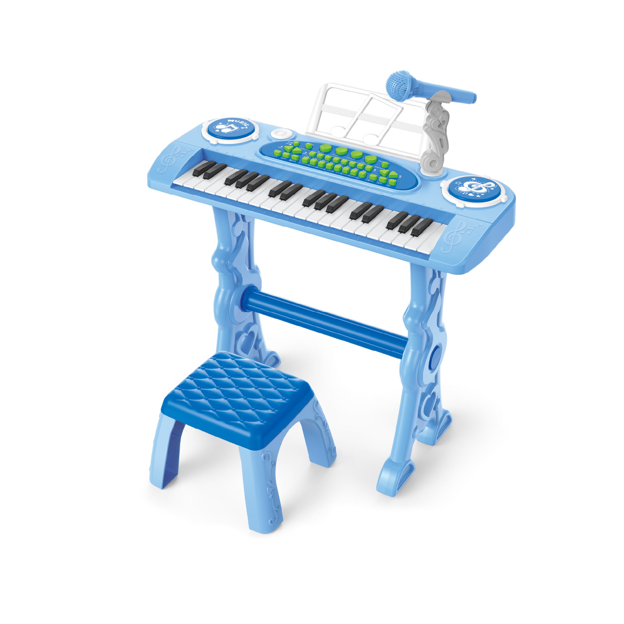 Baroni Toys Tastiera Elettronica con Sgabello per Bambini 3+ Anni con Microfono, Pianola Musicale con Melodie e Suoni Educativi, Tastiera 37 Tasti con Sedia Azzurra, 48x20x53cm