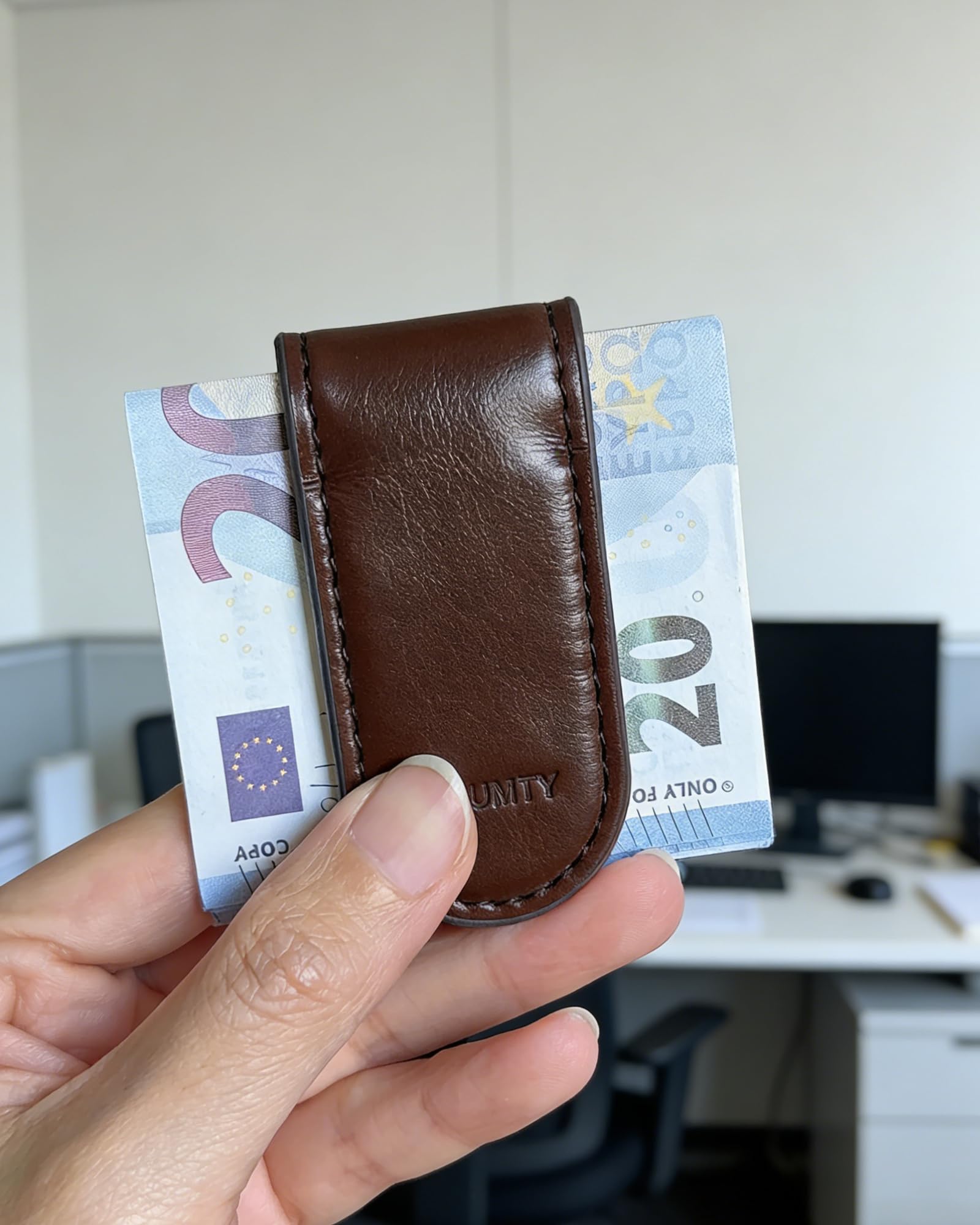 Schlanke Magnet geldklammer für Männer, Leder Kreditkarten und Visitenkartenhalter, Banknotenorganizer, minimalistische Brieftasche für Beruf, Büro Geschenk – Rund Kaffee