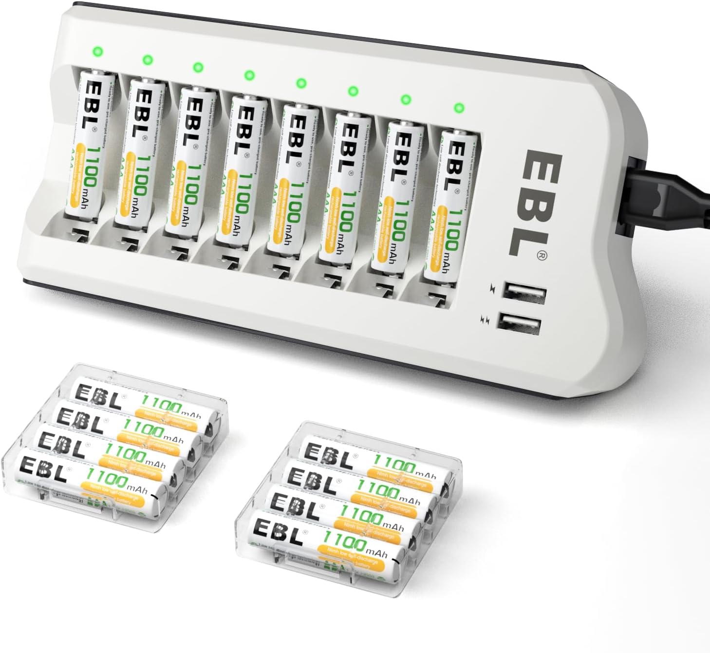 EBL 1100mAh NiMH AAA Rechargeable Batteries 16-Pack with AA/AAA Charger & Dual USB Ports - 1200+ Cycles, Low Self-Discharge