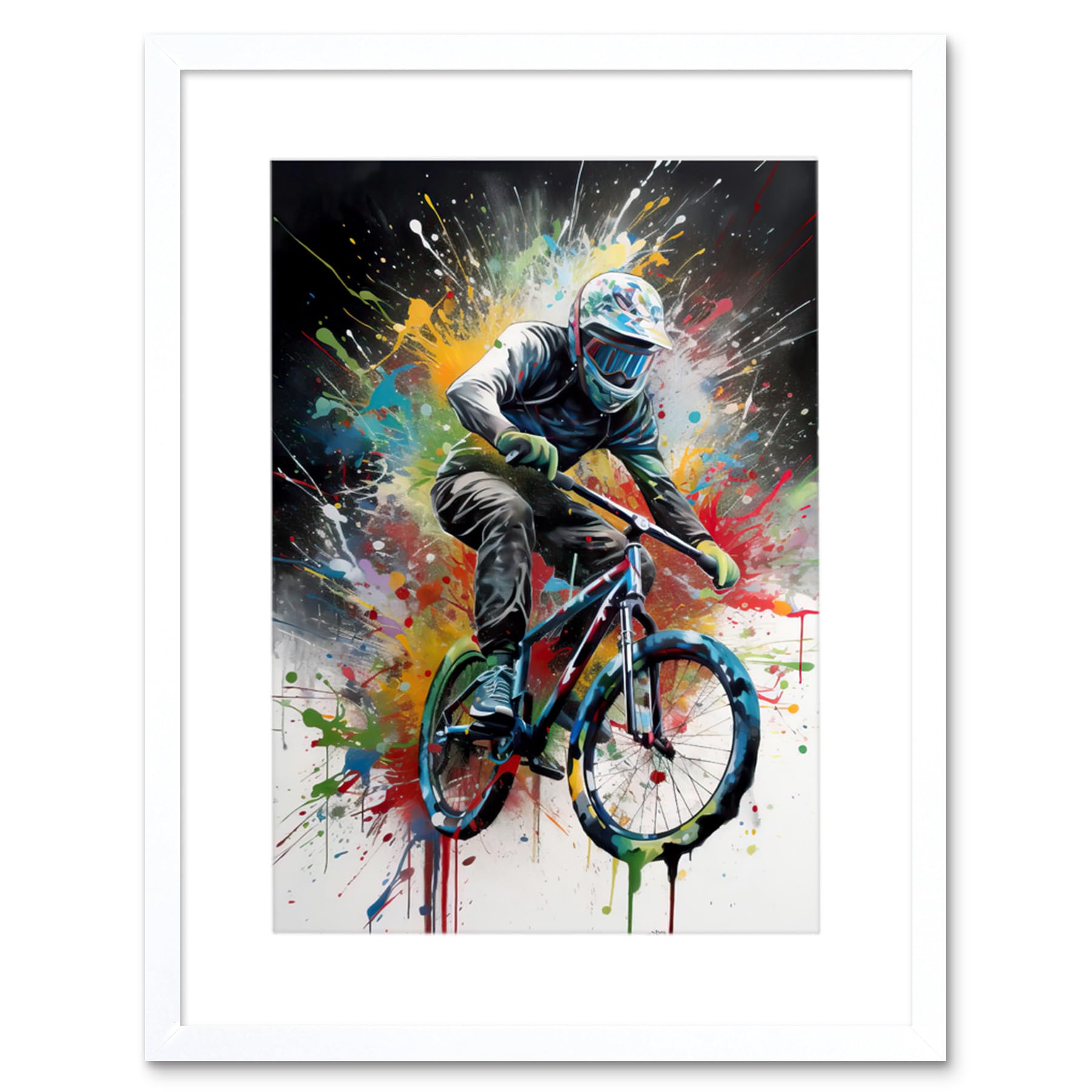 Artery8 Framed White 12X16 Mountain Biking Extreme Sport Paint Splat Portrait Artwork Framed Wall Art Print 12X16 Inch