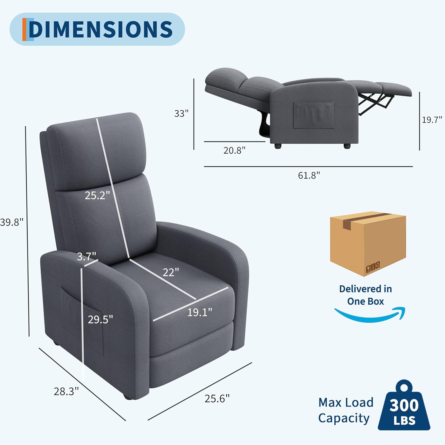 Garvee Recliner Chair for Adults, Leather Lazy Recliner Ergonomic Adjustable Single Sofa Enhanced with Side Pocket, Tall Back, Wide Arms & Padded Seat, Home Theater Seating for Living Room, Grey