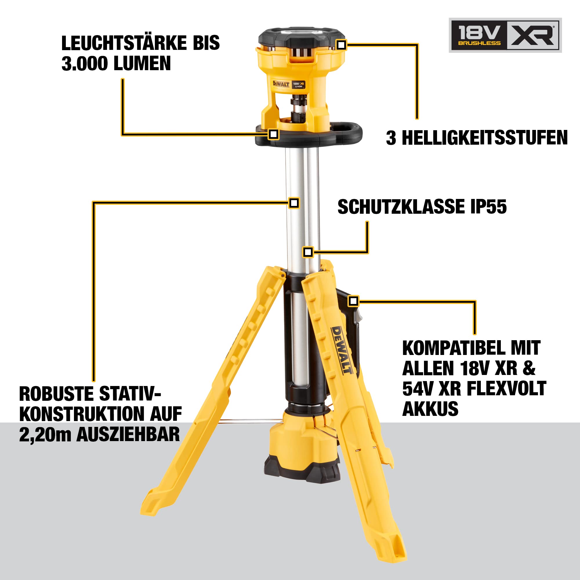 DEWALT LED Akku-Baustellenstrahler (18 Volt XR ausziehbar bis 2.20 m, extrem leistungsstark, dreistufige Lichtstärkeneinstellung, dreh- und neigbar, Lieferung ohne Akku & Ladegerät) DCL079