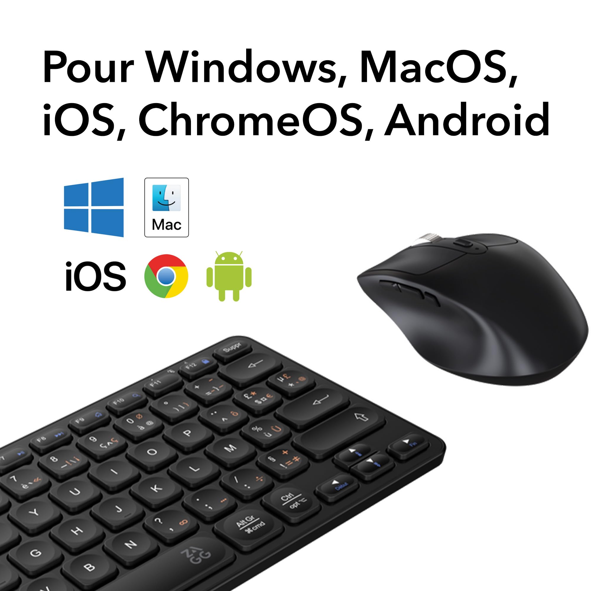 ZAGG Combo Clavier et Souris sans Fil 12 Pouces, Connexion Facile, ergonomie et Design Minimal, Mouvement de Souris Fluide, Compatible avec Windows, macOS, iOS, ChromeOS et Android, Noir, français