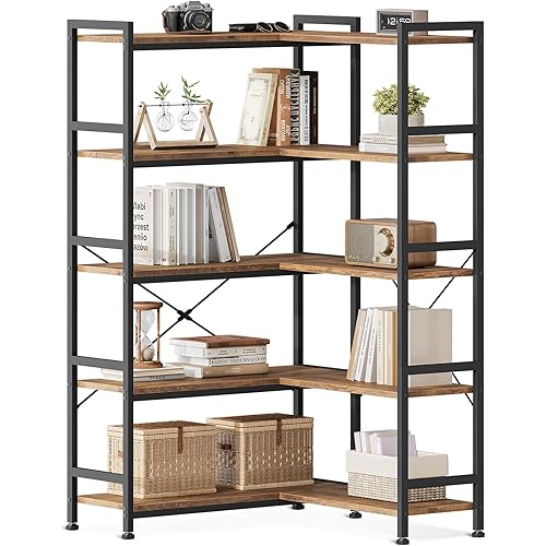 Casaottima Corner Book Shelf, 5 Tier Reversible Bookshelf for Living Room, Industrial Wooden Bookcase with Open Shelves and Metal Frame for Bedroom, Home Office, Kitchen, Vintage