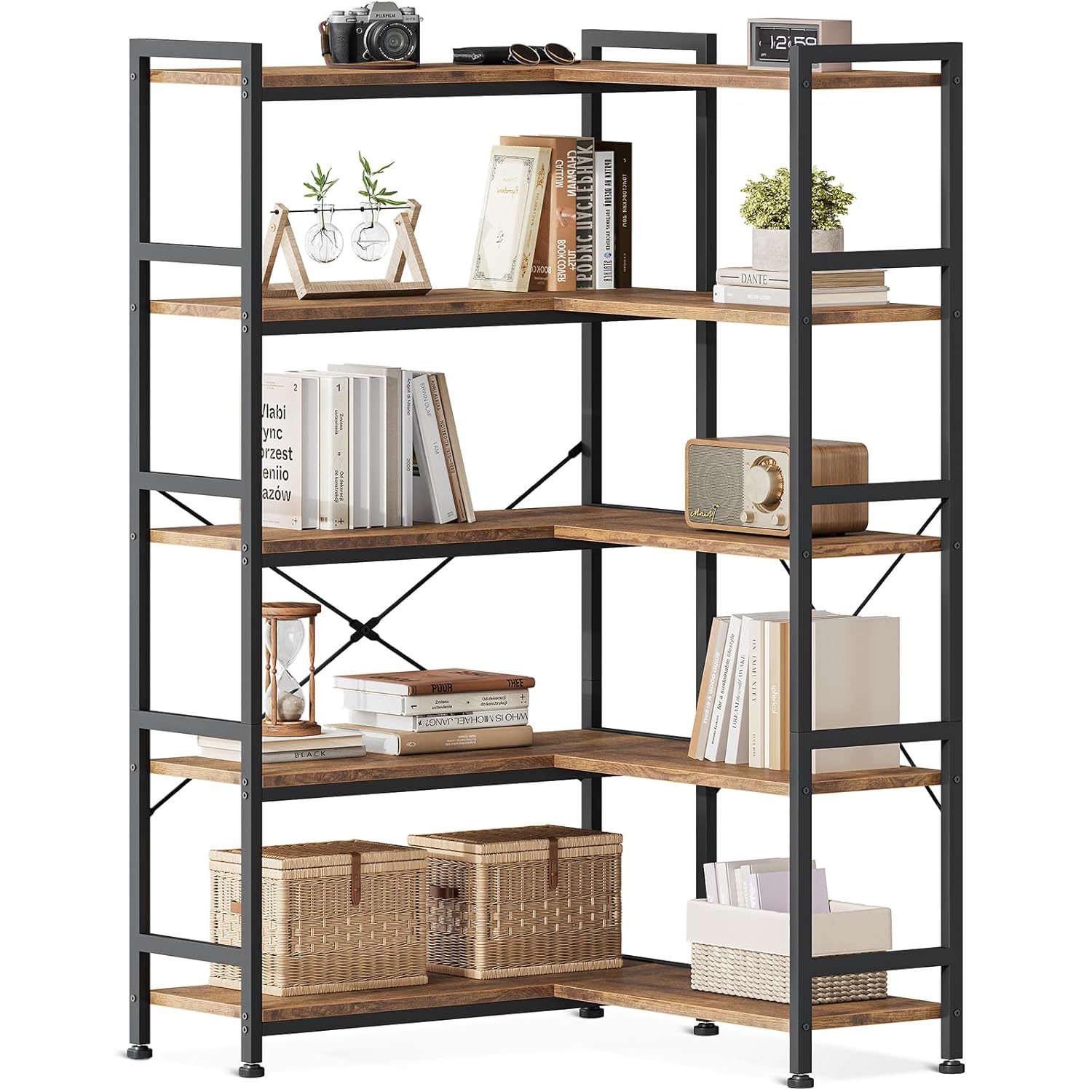 Casaottima Corner Book Shelf 5 Tier Reversible Bookshelf for Living Room Industrial Wooden Bookcase with Open Shelves and