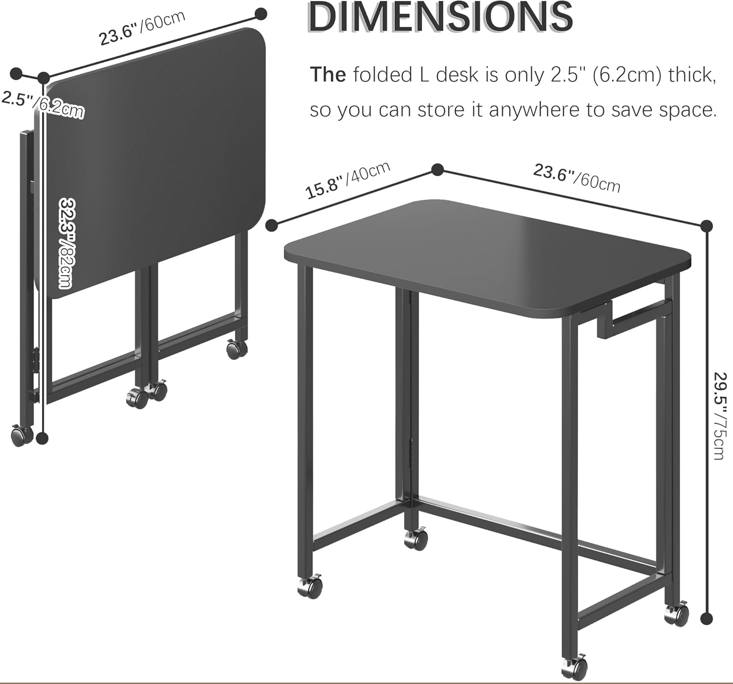 4NM 23.6" Mobile Small Rolling Computer Desk, Folding Laptop Cart Table with Wheels, Portable Office Desk for Small Space Couch Bed - All Black