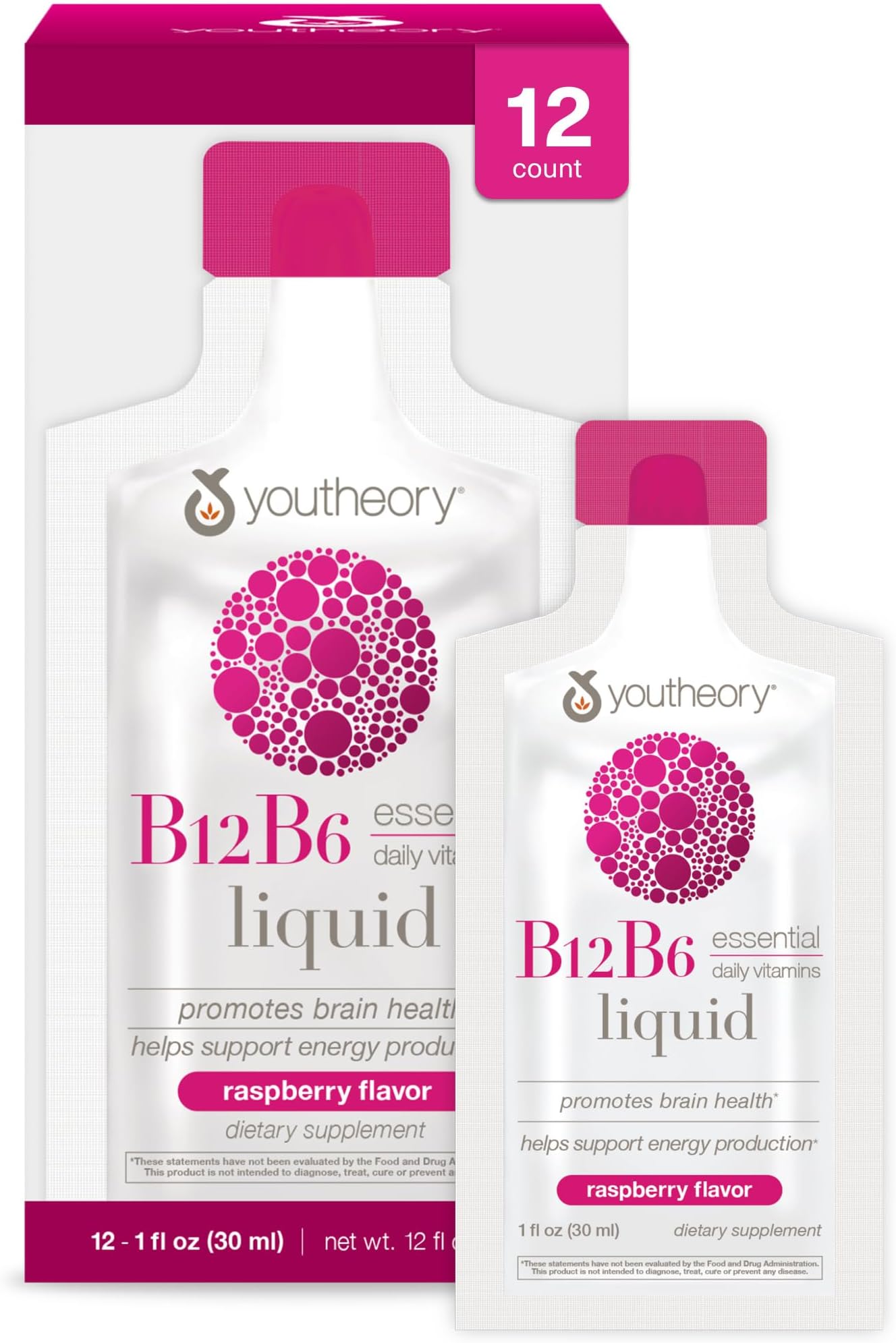 Youtheory Vitamin B12 B6, Daily Energy and Brain Support Supplement, Liquid Raspberry Flavor, 12 – 1oz Single Serving Packets