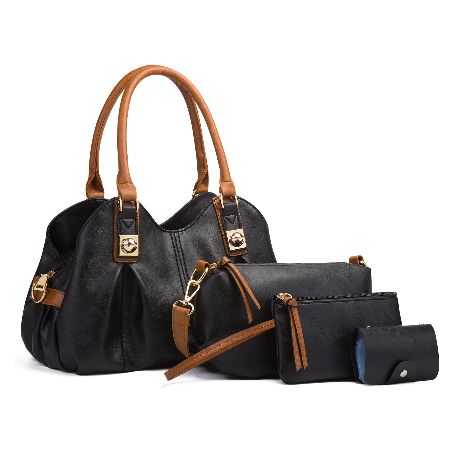 FANDARE - Bolso de mano retro para mujer, bandolera, impermeable, bolsa de piel suave, bolsa de hombro para 4 piezas para viajes y trabajo, Negro, large, Retro