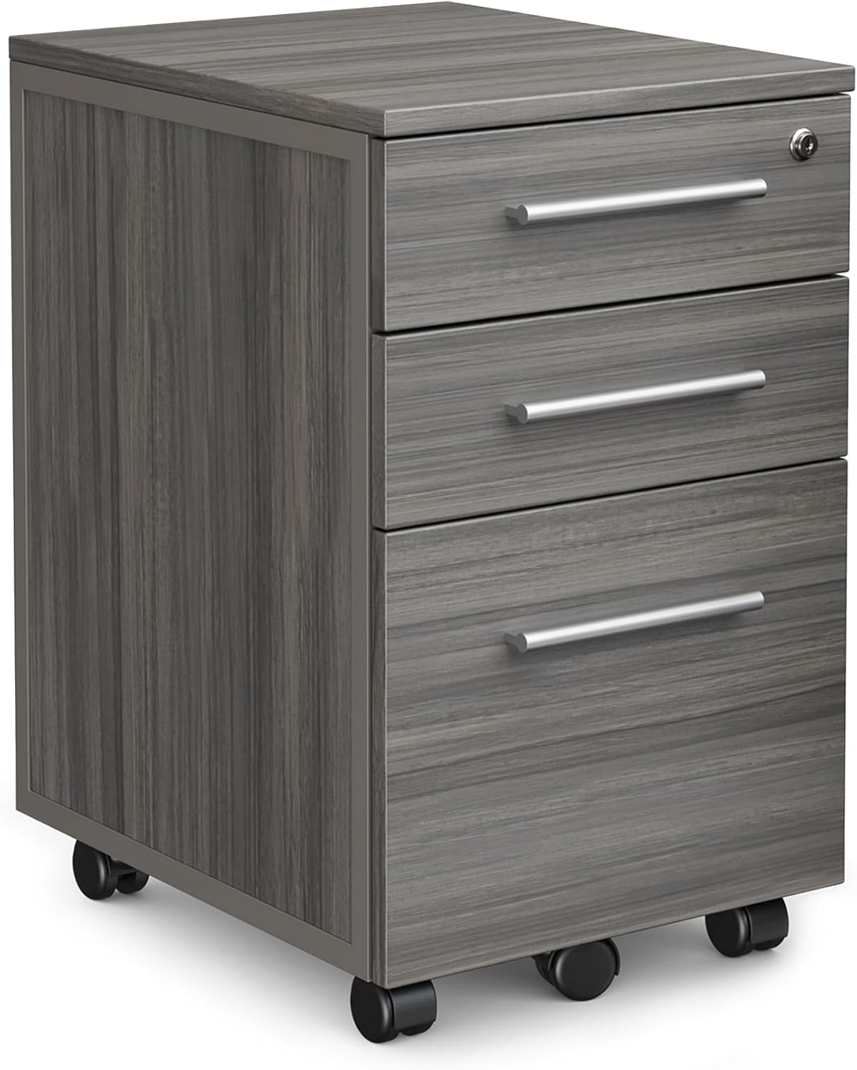 NBF Office Files Pedestal Cabinet - 3 Drawer File Cabinet with Lock - Laminate Office Filing Cabinets - Modern Mobile File Cabinet Document Storage (26" H, Warm Ash)