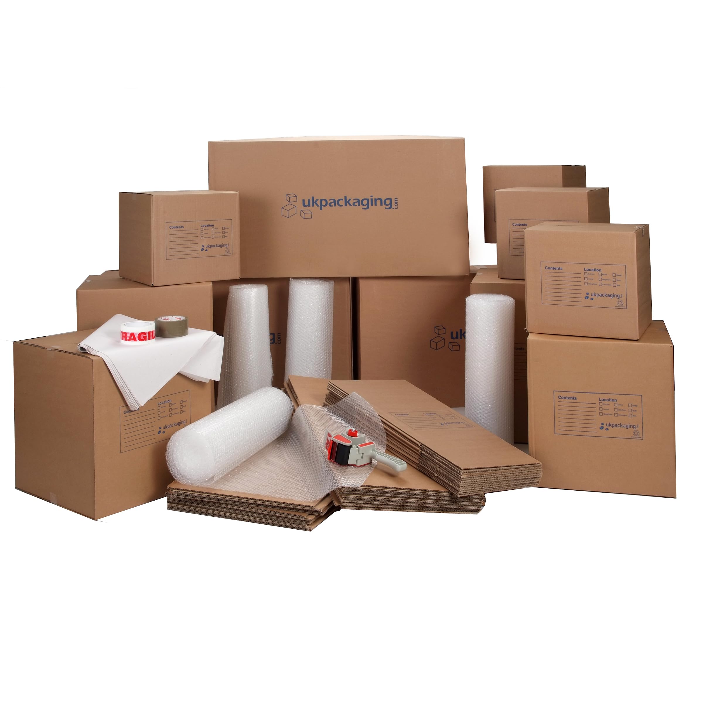 Removal Boxes House Moving Kit - Bubble Wrap Roll, Buff Tape, Tape Dispenser Gun, White Bleached Tissue Paper (Ultimate Value Pack - 52 Boxes)