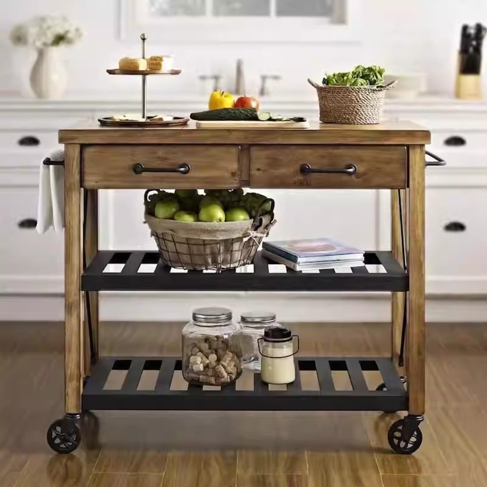 Zf9tBw5sH Unità cucina ad isola Carrello da cucina in legno rustico, isola con rotelle, cassetti e ripiani