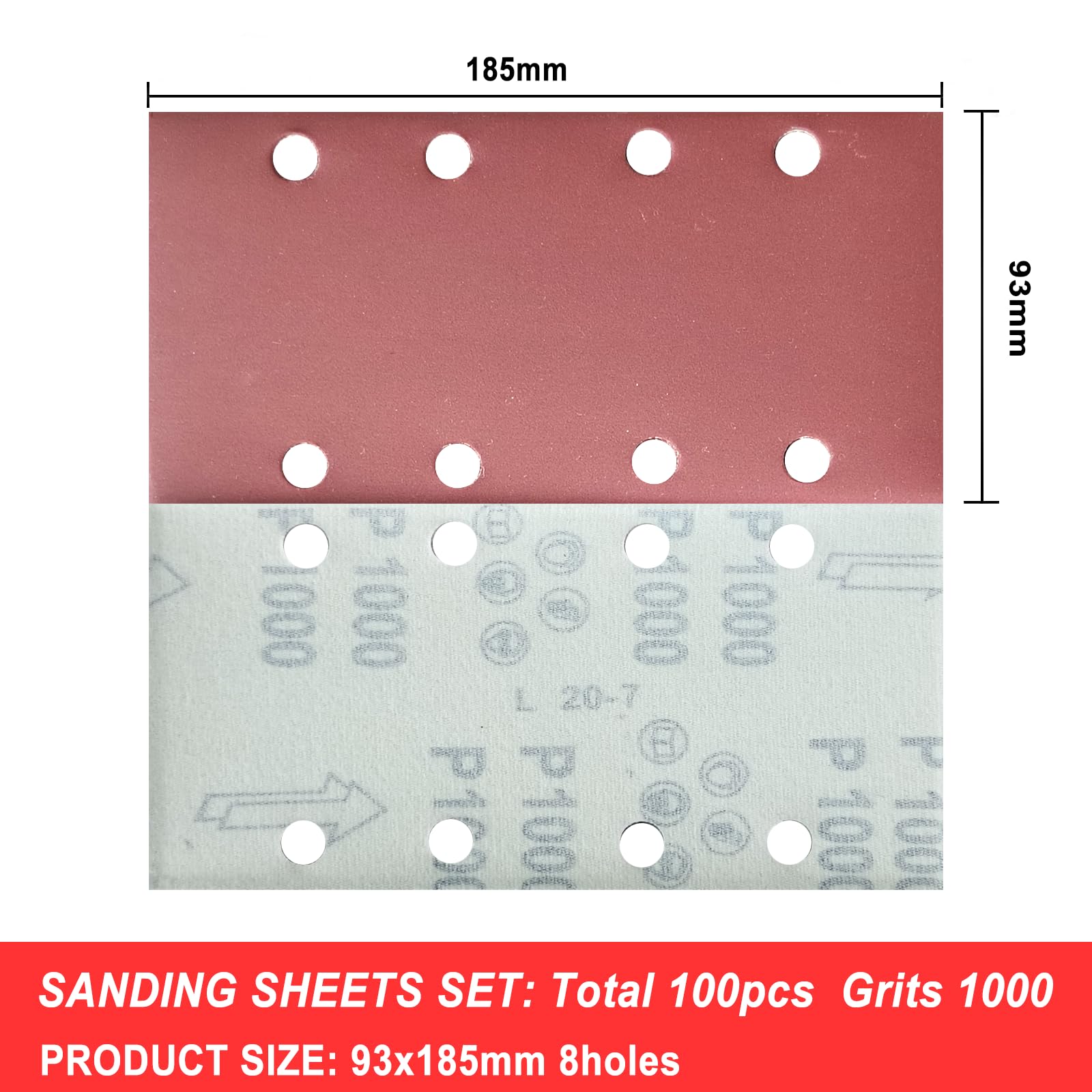 Wanmutrun Rectangular Detail Sandpaper 100Pcs Sander Pads 93x185MM Grit 1000 8Hole Sanding Sheets for Electric Sander Hook and Loop Sanding Pads - Image 2