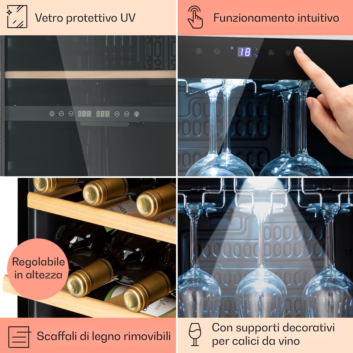 KLARSTEIN Cantinetta Vino, Cantinetta Vino Refrigerata a Zona Singola per Interno/Esterni, Frigo Bar, Cantina Vino con Vetrina, Mini Bar con Protezione UV, Frigo Vino Touch, 4-18°C, 46 Bottiglie