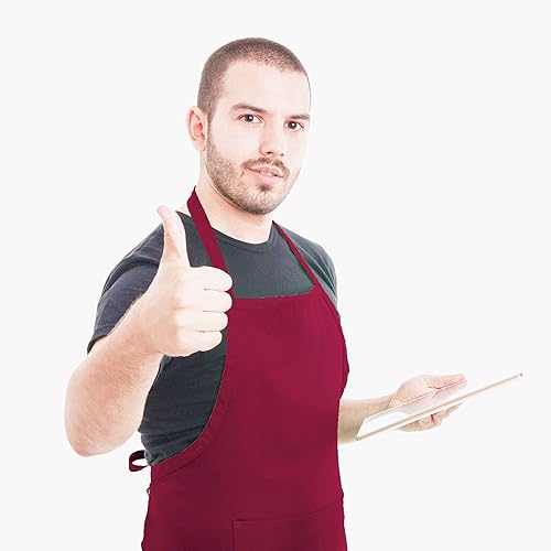 Miniatura 7 de Total de 15 delantales con peto, color rojo oscuro, liso, para mujeres, hombres y adultos, con 2 bolsillos frontales, delantal de cocina para