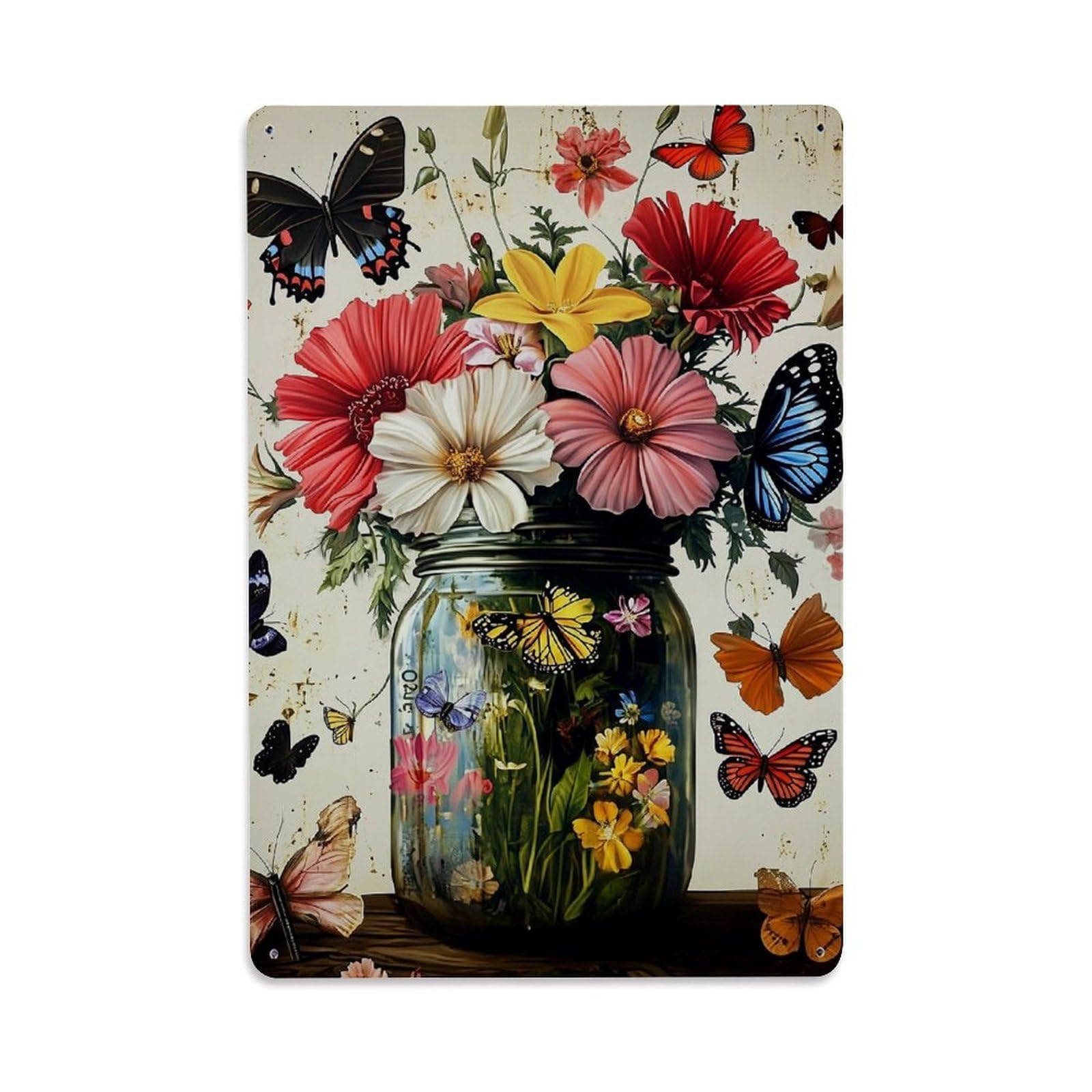 Jdfenggu Vintage Colorful Flowers And Butterflies Pattern Retro Metal Tin Sign, Metal Poster For Bar, Home, Man Cave, Kitchen, Laundry Room Art Decor 8X12 Inch