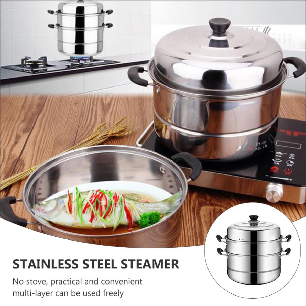 jojofuny Vaporera de Acero Inoxidable Utensilios de Cocina para Cocinar al Vapor Hogar de 3 Capas Resistente a Altas Temperaturas Color Aleatorio para Cocina a Gas
